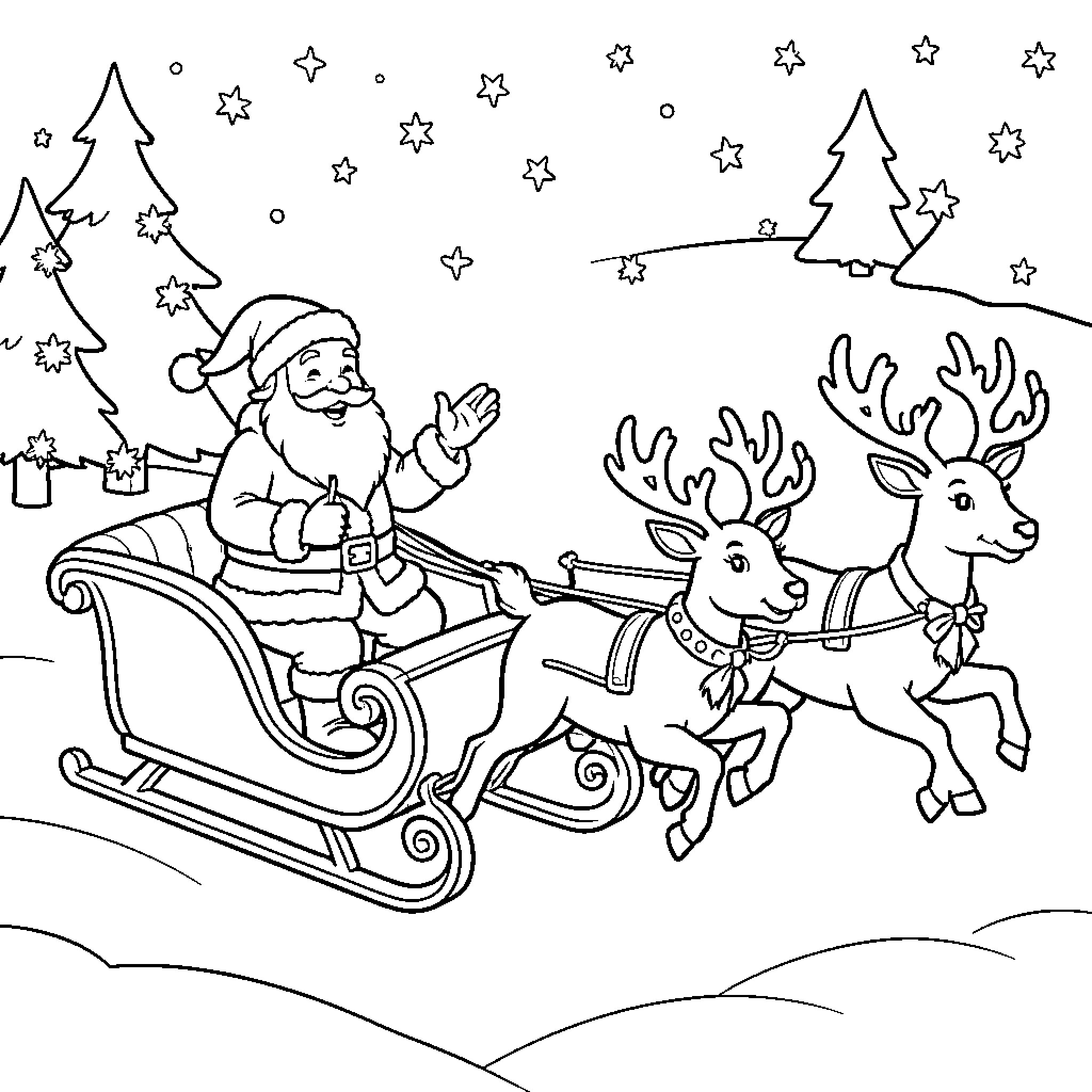Santa Claus waving from a sleigh pulled by reindeer Coloring Page (free black-and-white line drawing printable PDF for all, from beginners to advanced learners, including children, teens, adults, and seniors)