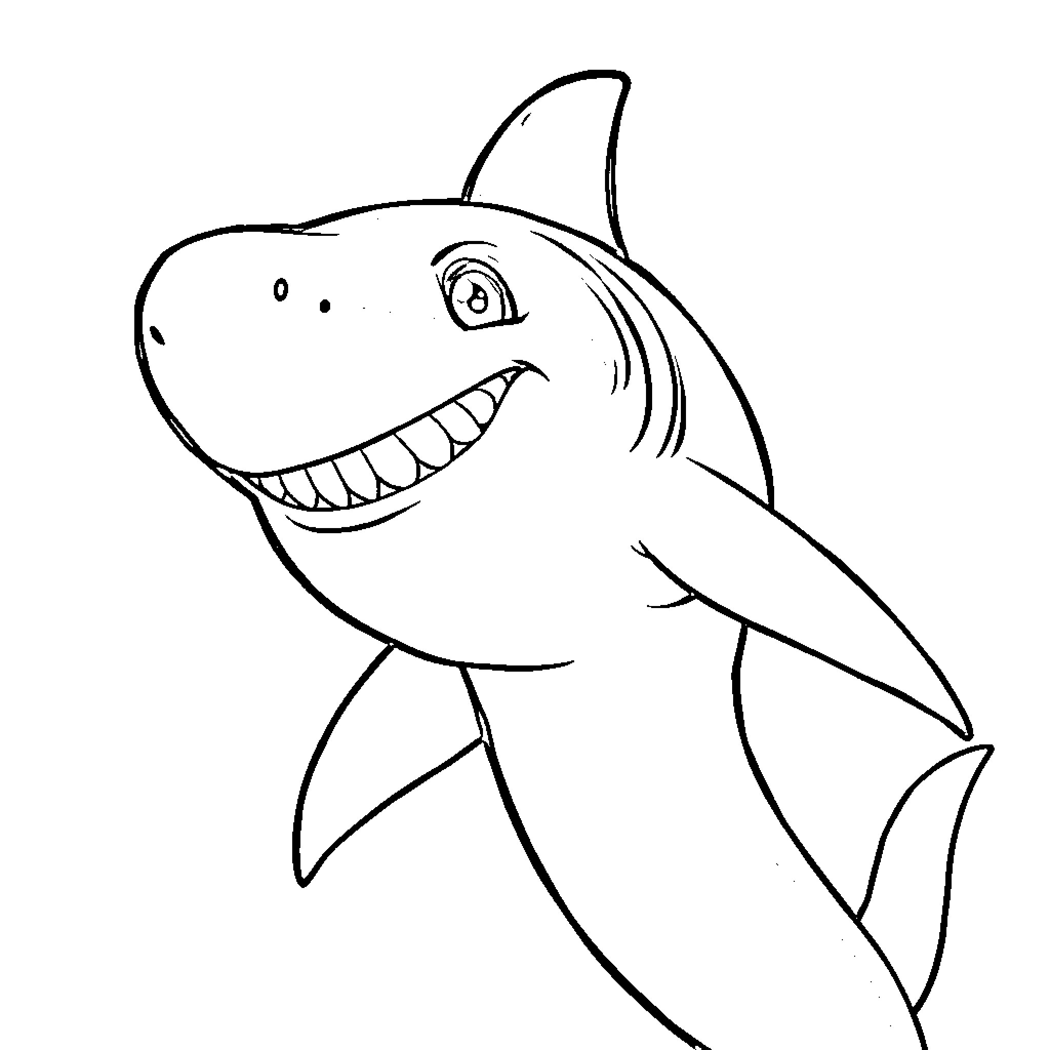Shark with a friendly expression Coloring Page (free black-and-white line drawing printable PDF for all, from beginners to advanced learners, including children, teens, adults, and seniors)