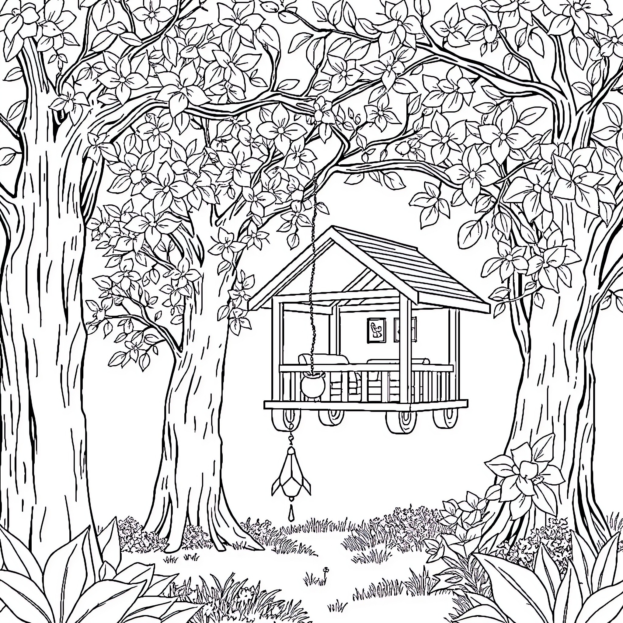 Treehouse surrounded by blooming flowers and nature Coloring Page (free black-and-white line drawing printable PDF for all, from beginners to advanced learners, including children, teens, adults, and seniors)
