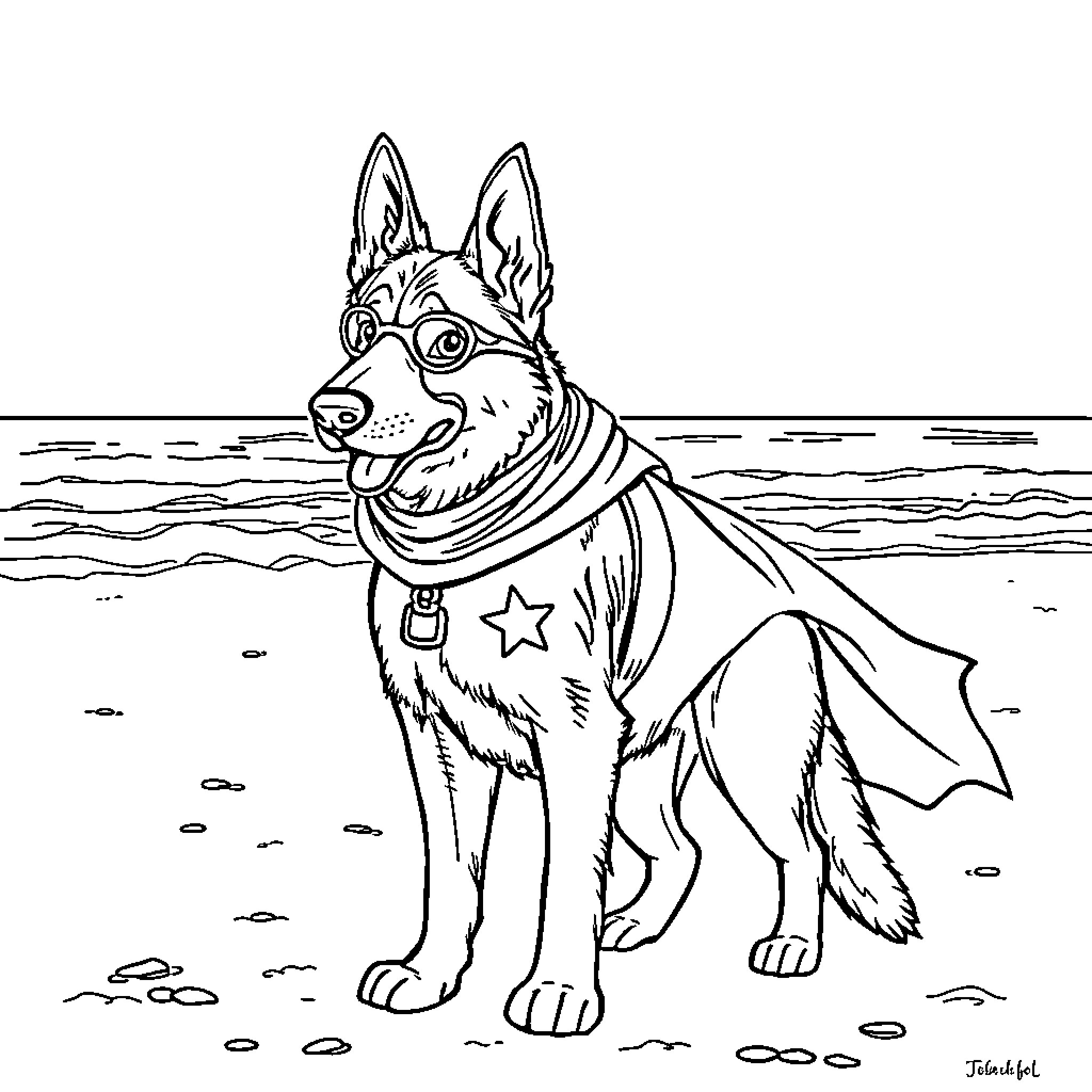 German Shepherd playing on the beach Coloring Page (free black-and-white line drawing printable PDF for all, from beginners to advanced learners, including children, teens, adults, and seniors)