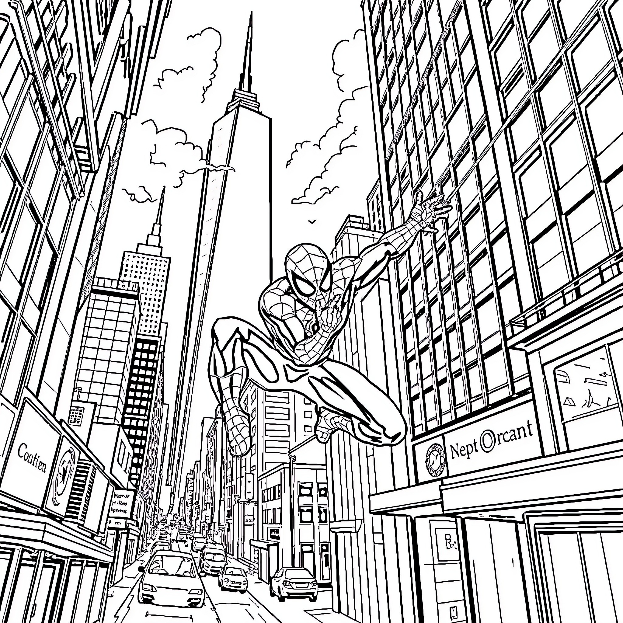 Spiderman swinging through the city streets Coloring Page (free black-and-white line drawing printable PDF for all, from beginners to advanced learners, including children, teens, adults, and seniors)