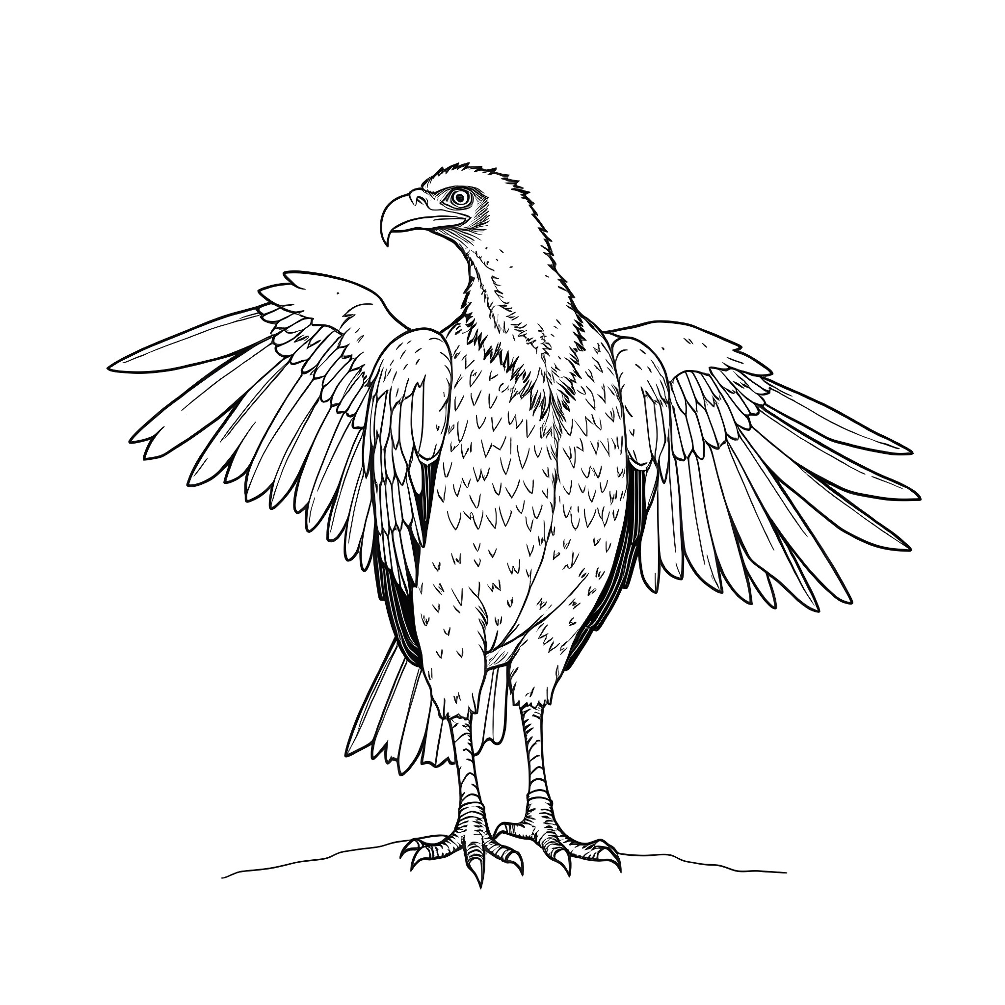 Vulture with Outstretched Wings Coloring Page (free black-and-white line drawing printable PDF for all, from beginners to advanced learners, including children, teens, adults, and seniors)