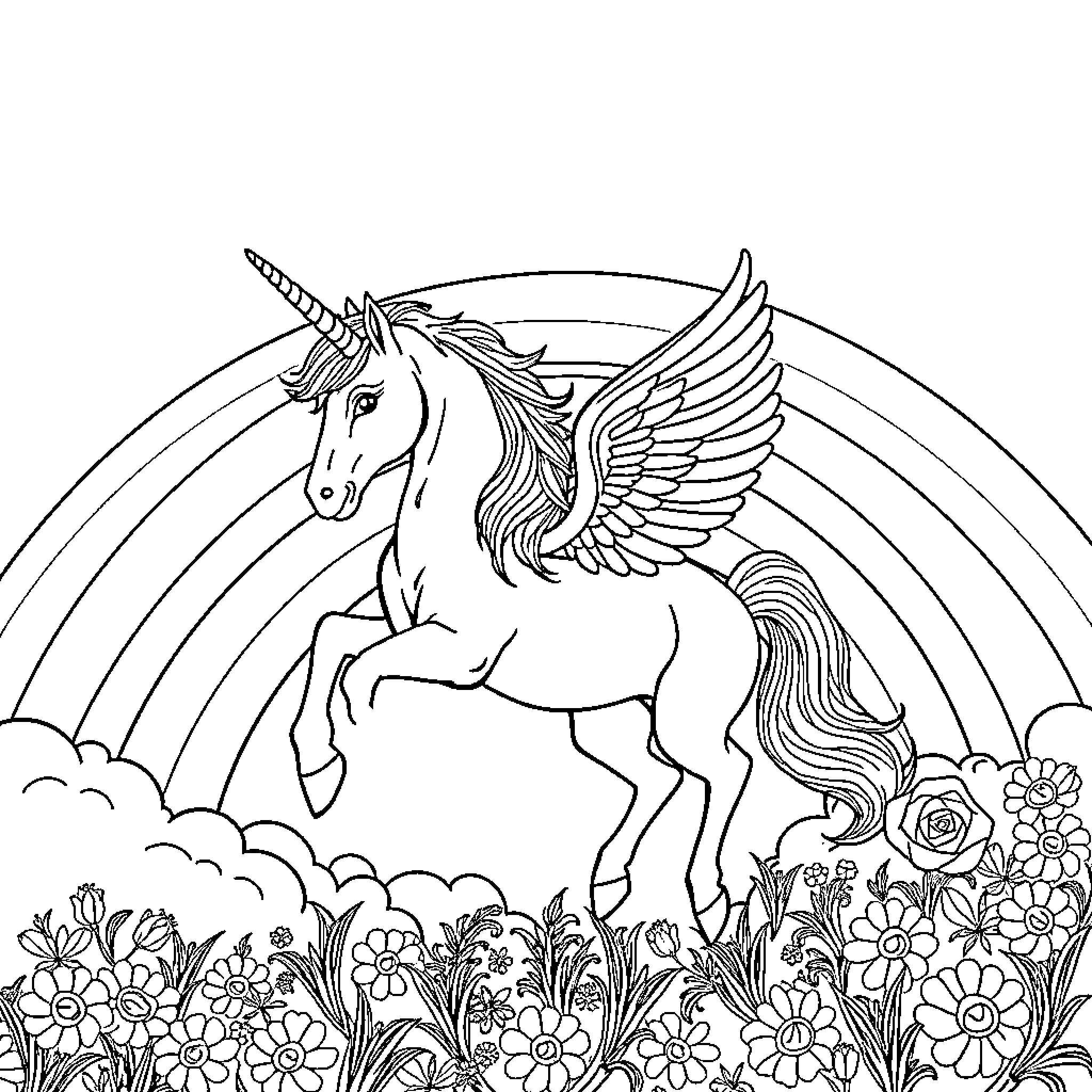 Unicorn flying through enchanted floral meadow Coloring Page (free black-and-white line drawing printable PDF for all, from beginners to advanced learners, including children, teens, adults, and seniors)