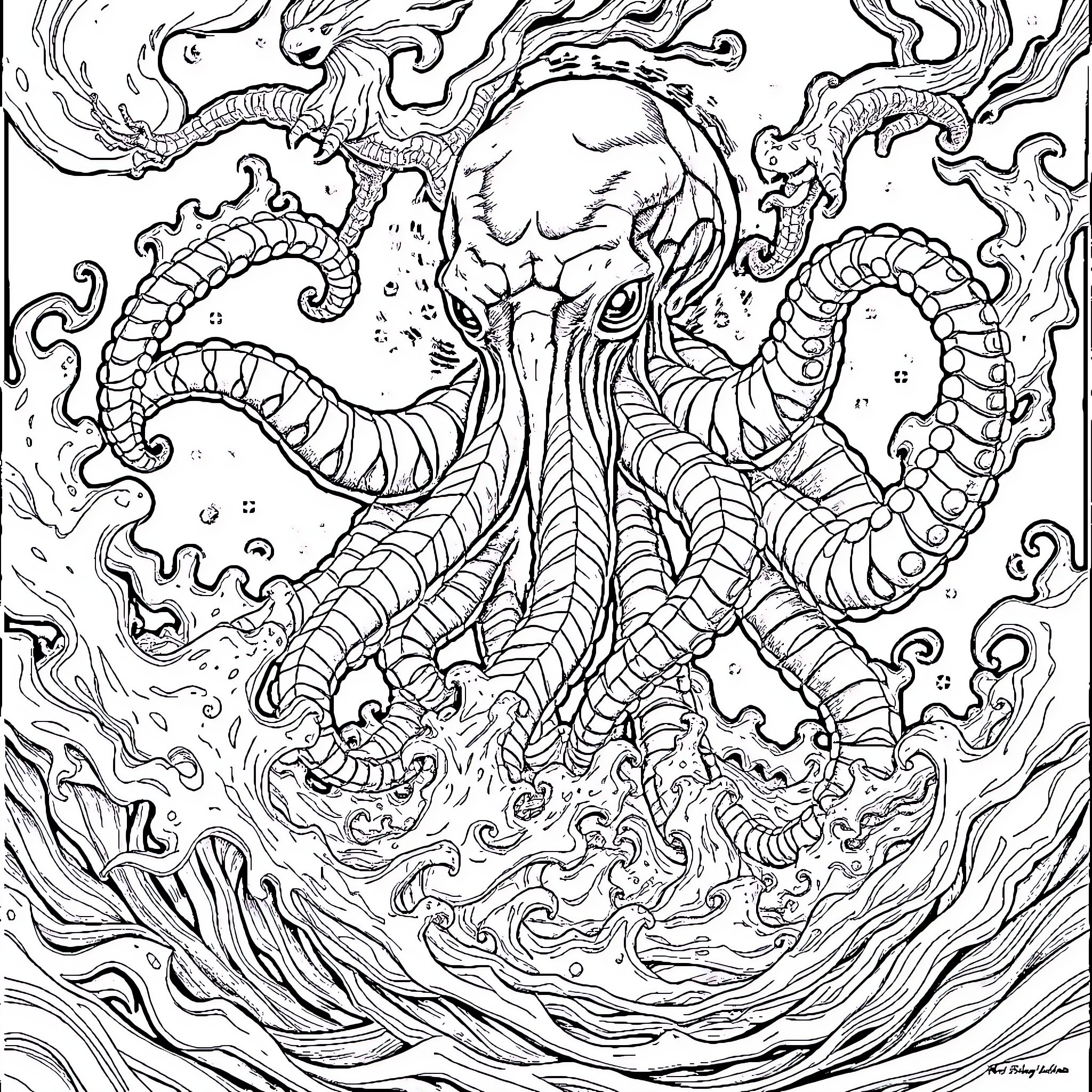 Cthulhu's Primal Awakening Coloring Page (free black-and-white line drawing printable PDF for all, from beginners to advanced learners, including children, teens, adults, and seniors)
