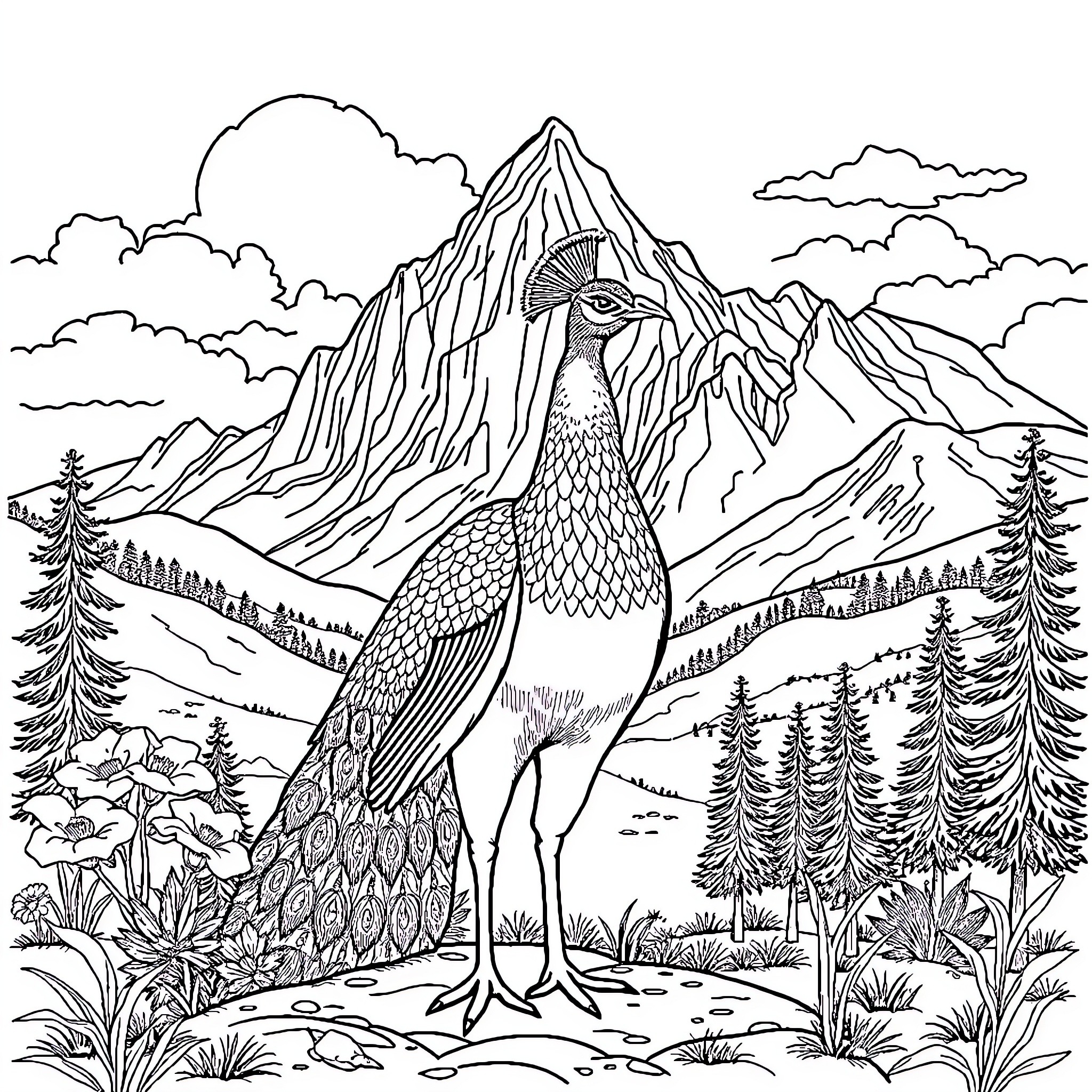 Peacock in Majestic Mountain Landscape Coloring Page (free black-and-white line drawing printable PDF for all, from beginners to advanced learners, including children, teens, adults, and seniors)