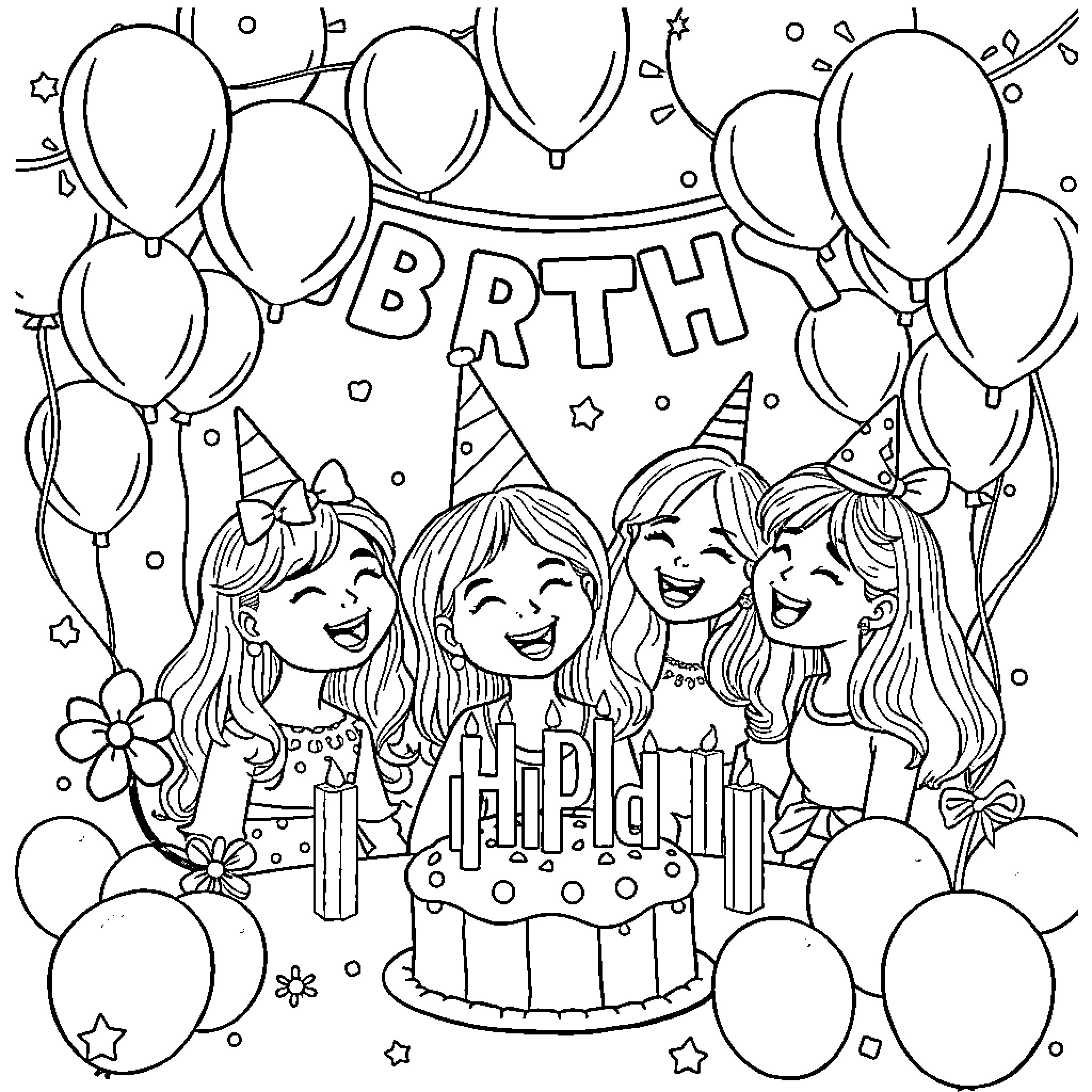 Birthday Celebration with Friends and Cake Coloring Page (free black-and-white line drawing printable PDF for all, from beginners to advanced learners, including children, teens, adults, and seniors)