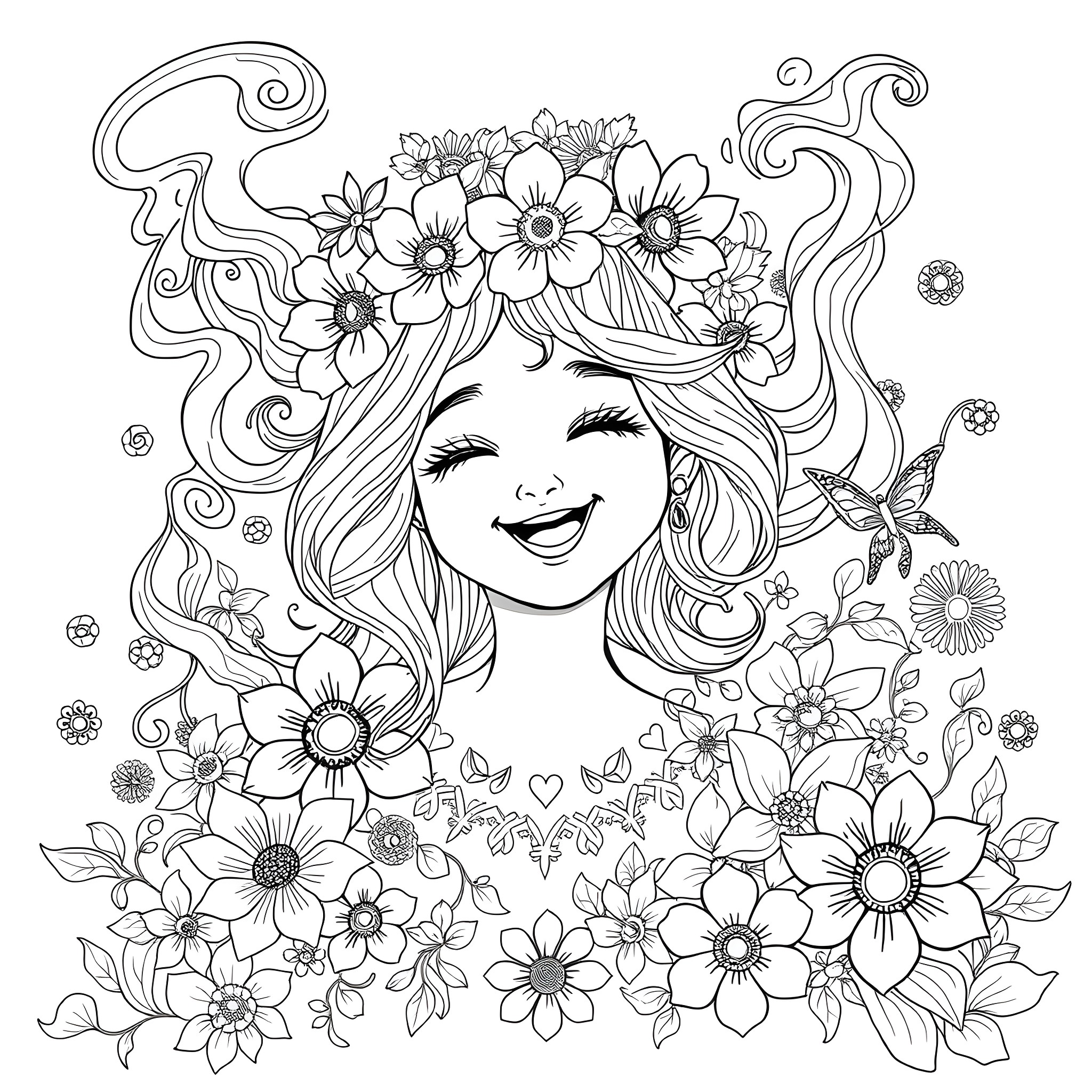 Girl surrounded by joyful flowers and butterflies Coloring Page (free black-and-white line drawing printable PDF for all, from beginners to advanced learners, including children, teens, adults, and seniors)