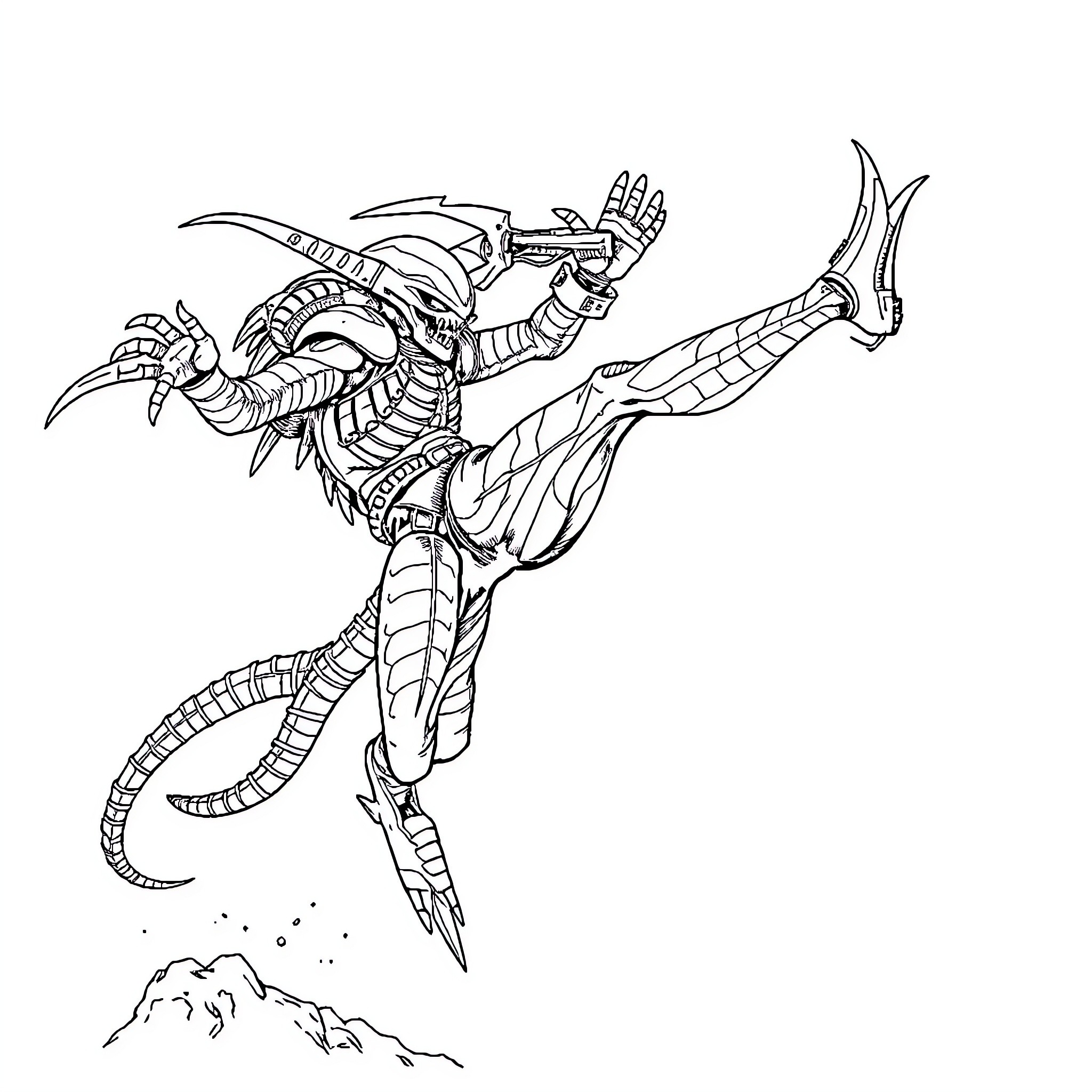 Tyranid warrior soaring with deadly claws and fangs Coloring Page (free black-and-white line drawing printable PDF for all, from beginners to advanced learners, including children, teens, adults, and seniors)