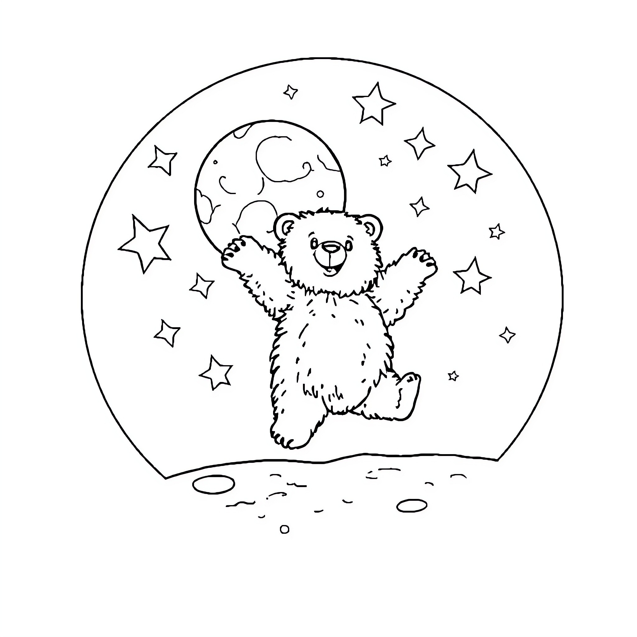Bear reaching for the moon among stars Coloring Page (free black-and-white line drawing printable PDF for all, from beginners to advanced learners, including children, teens, adults, and seniors)