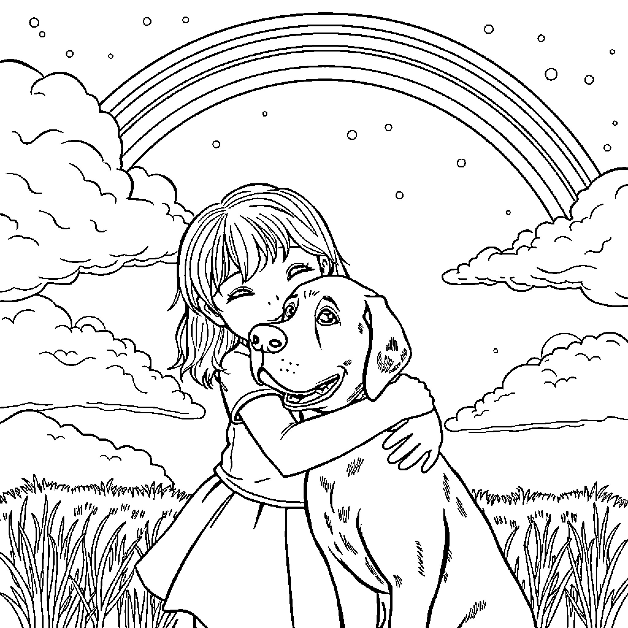 Girl Hugging Puppy Under Colorful Rainbow Coloring Page (free black-and-white line drawing printable PDF for all, from beginners to advanced learners, including children, teens, adults, and seniors)