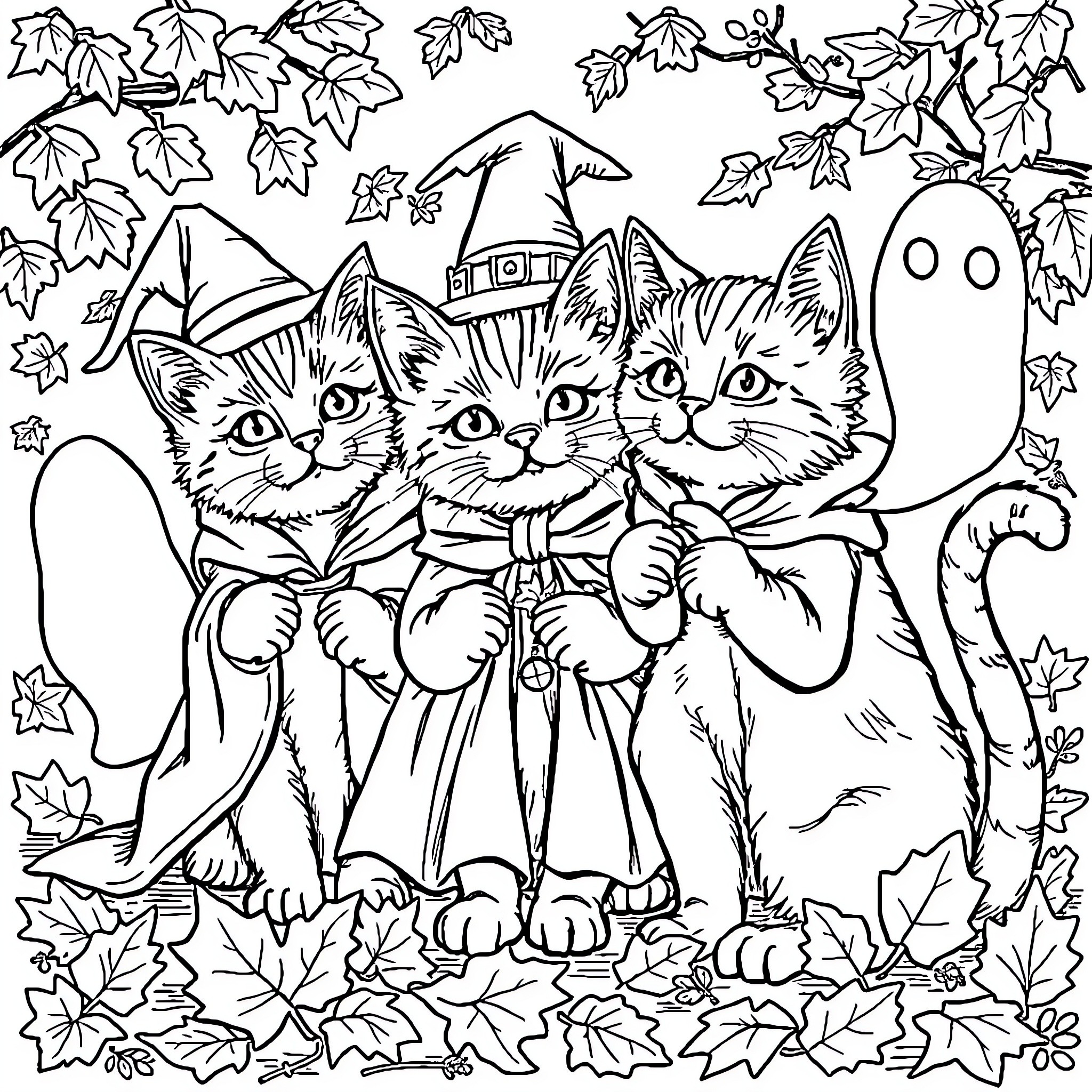 Cat friends in autumn leaves Coloring Page (free black-and-white line drawing printable PDF for all, from beginners to advanced learners, including children, teens, adults, and seniors)