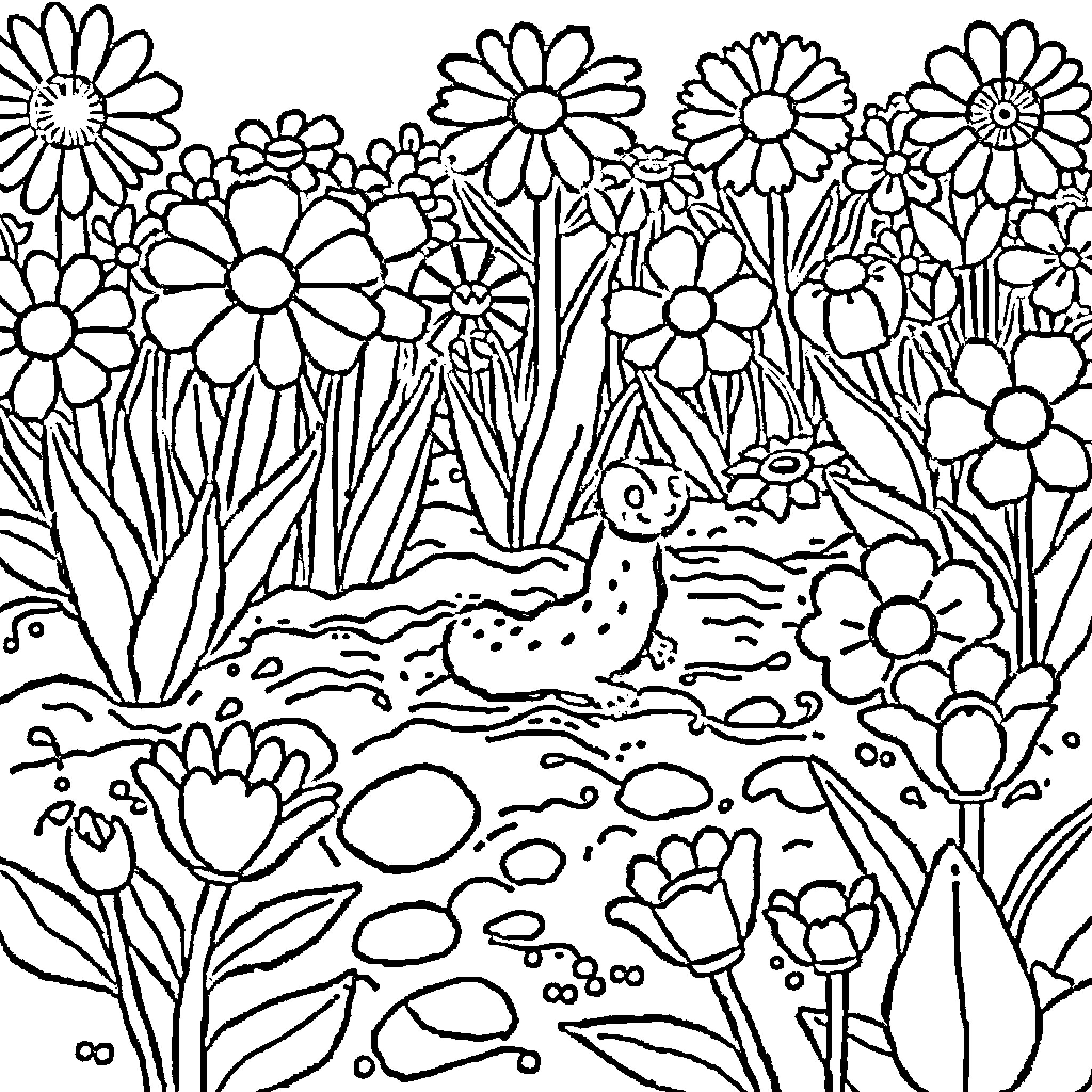 Worm exploring a lush floral garden Coloring Page (free black-and-white line drawing printable PDF for all, from beginners to advanced learners, including children, teens, adults, and seniors)