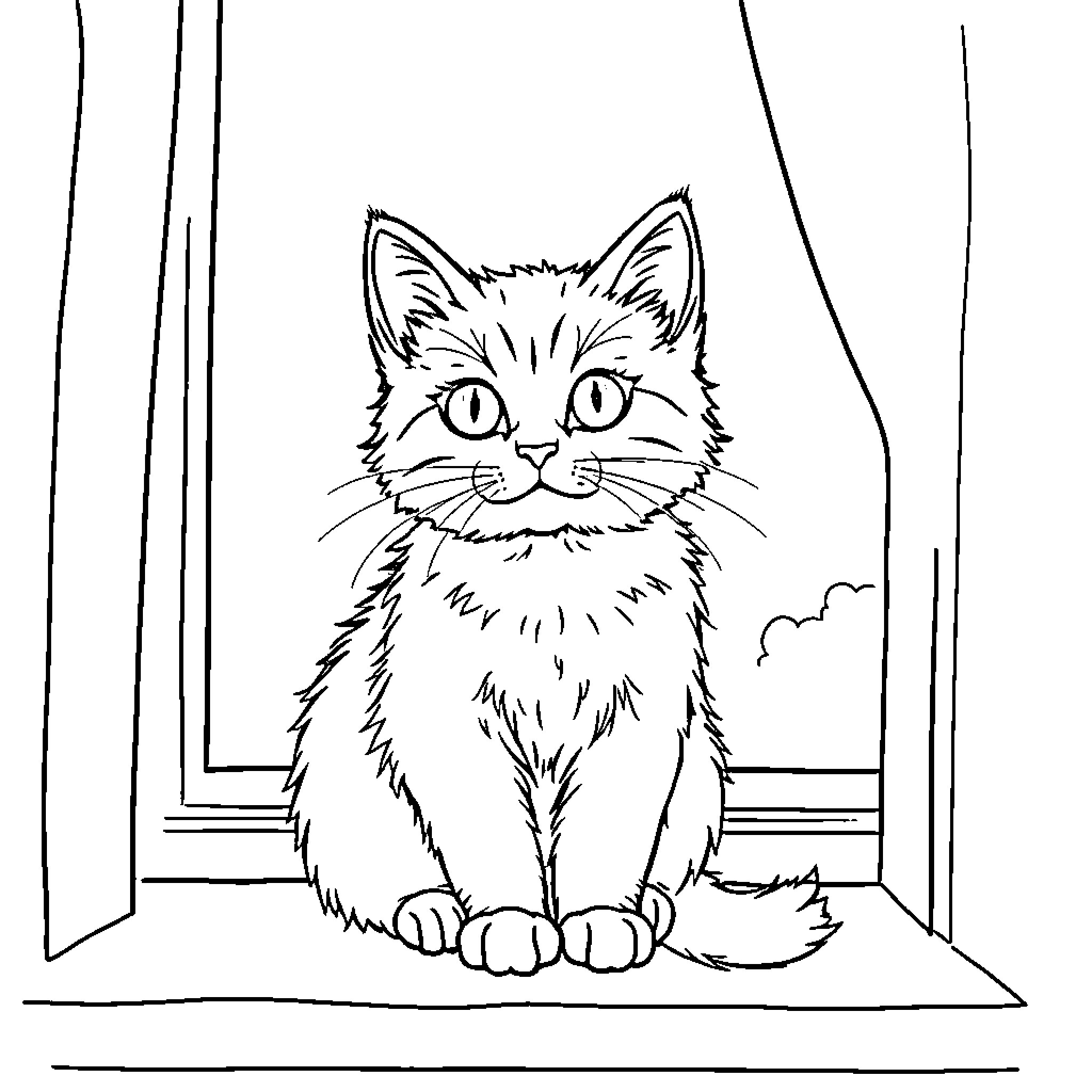 Cat sitting calmly by the window Coloring Page (free black-and-white line drawing printable PDF for all, from beginners to advanced learners, including children, teens, adults, and seniors)