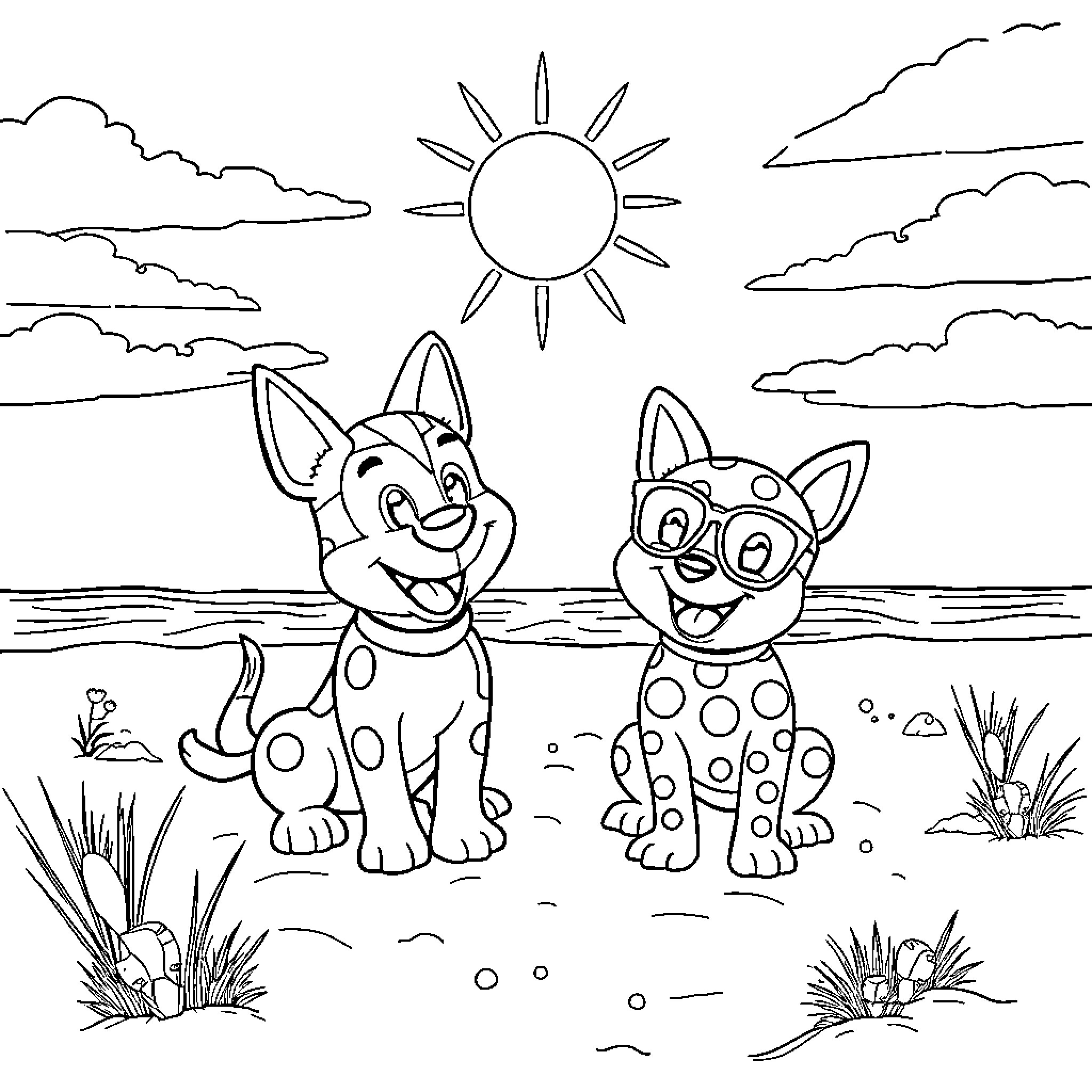Bluey's Sunny Adventure on the Beach Coloring Page (free black-and-white line drawing printable PDF for all, from beginners to advanced learners, including children, teens, adults, and seniors)