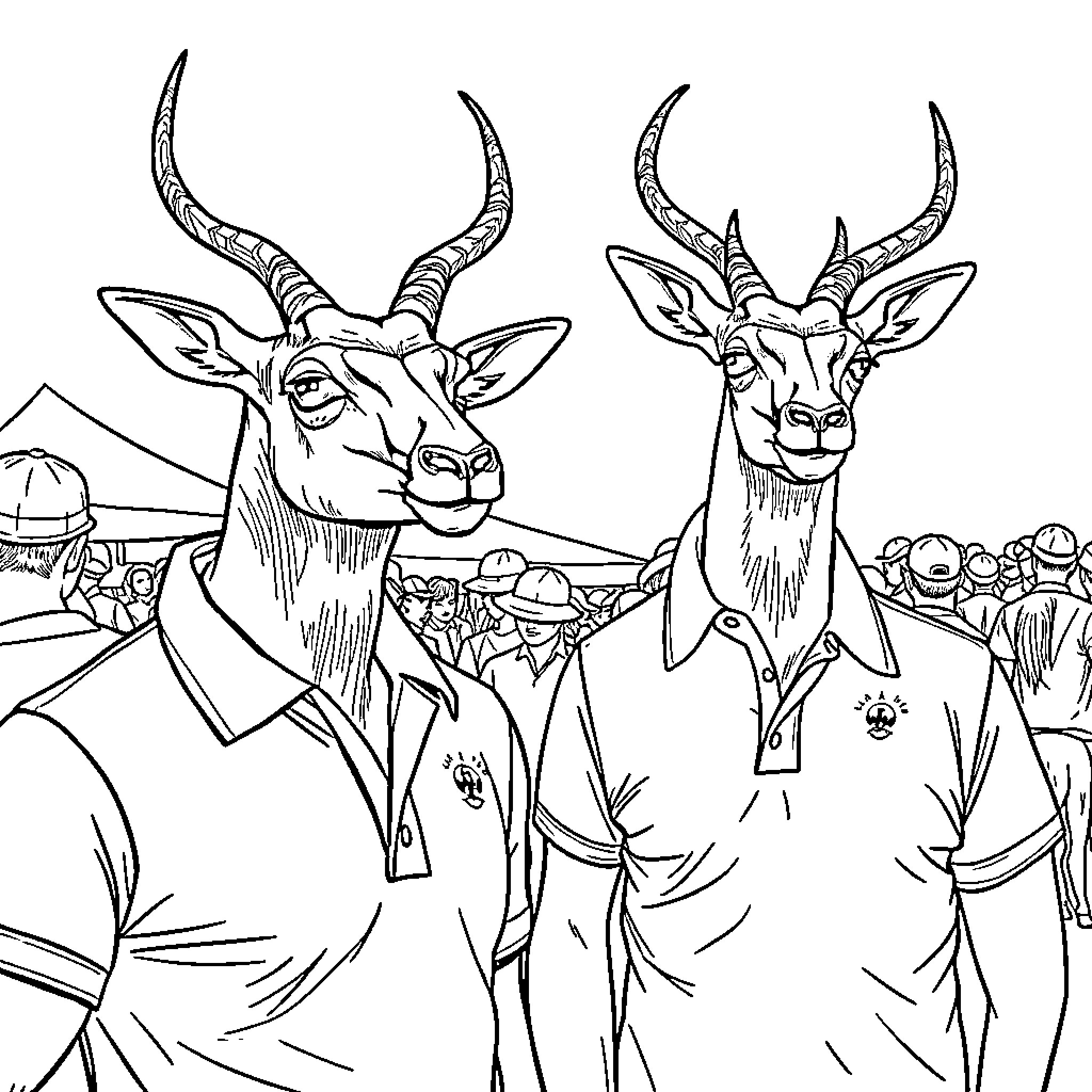 Antelope businessmen in suits and hats Coloring Page (free black-and-white line drawing printable PDF for all, from beginners to advanced learners, including children, teens, adults, and seniors)