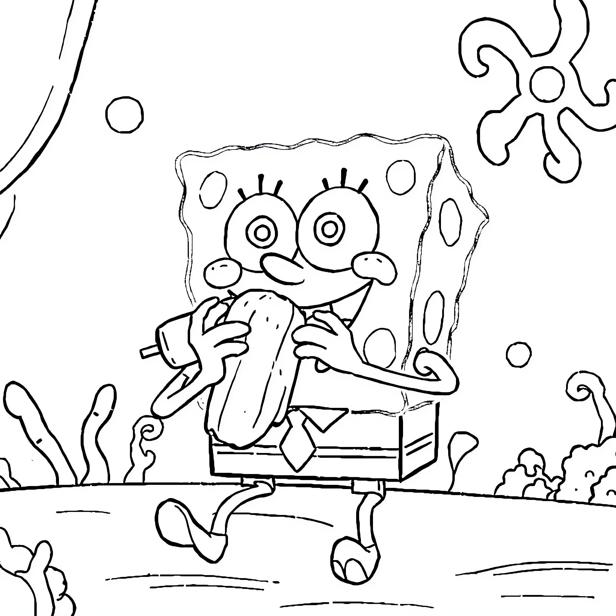 Spongebob cheerfully sitting on a bench Coloring Page (free black-and-white line drawing printable PDF for all, from beginners to advanced learners, including children, teens, adults, and seniors)