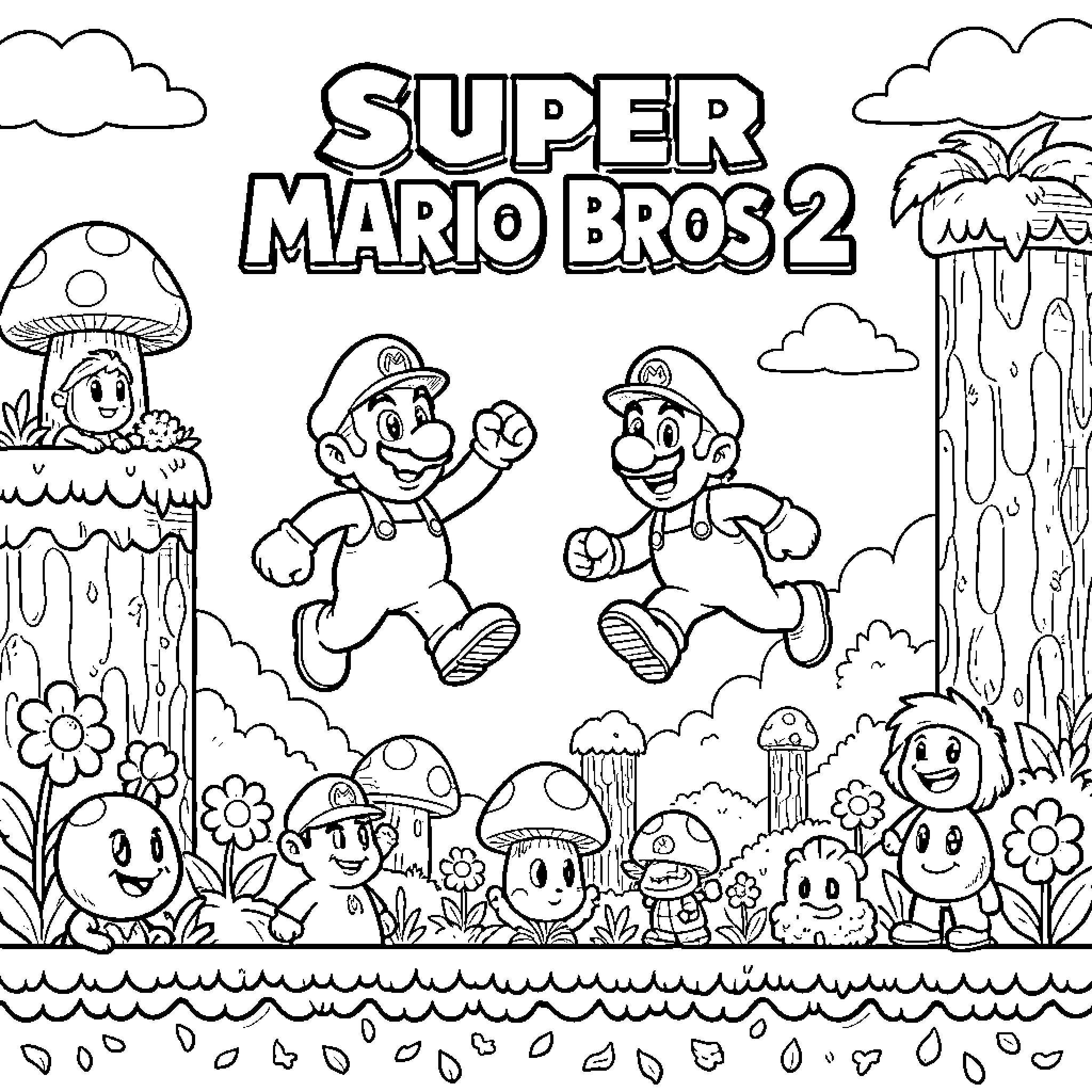 Super Mario Bros 2 Characters Exploring a Whimsical World Coloring Page (free black-and-white line drawing printable PDF for all, from beginners to advanced learners, including children, teens, adults, and seniors)