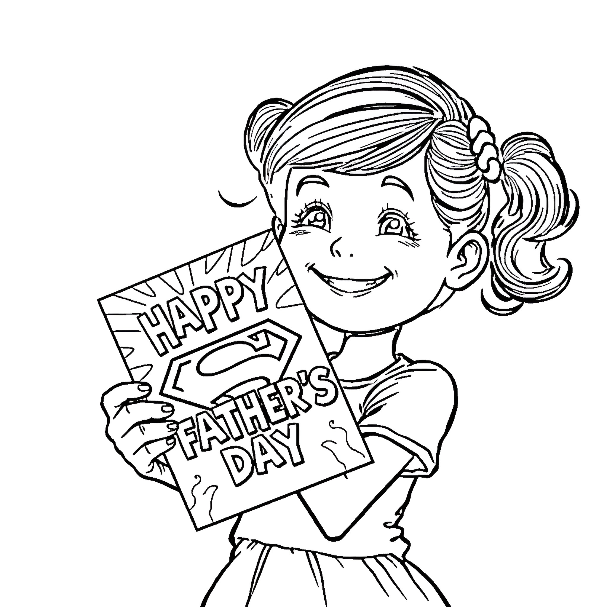 Girl holding Happy Father's Day sign Coloring Page (free black-and-white line drawing printable PDF for all, from beginners to advanced learners, including children, teens, adults, and seniors)