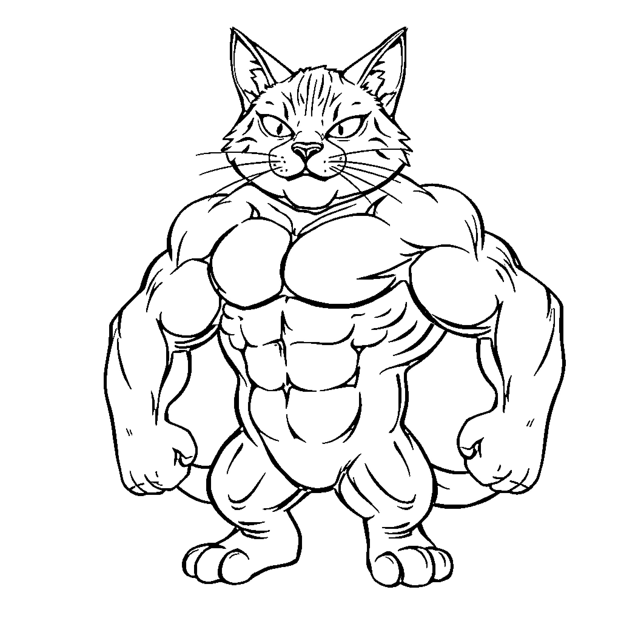 Cat showing off its muscular physique Coloring Page (free black-and-white line drawing printable PDF for all, from beginners to advanced learners, including children, teens, adults, and seniors)
