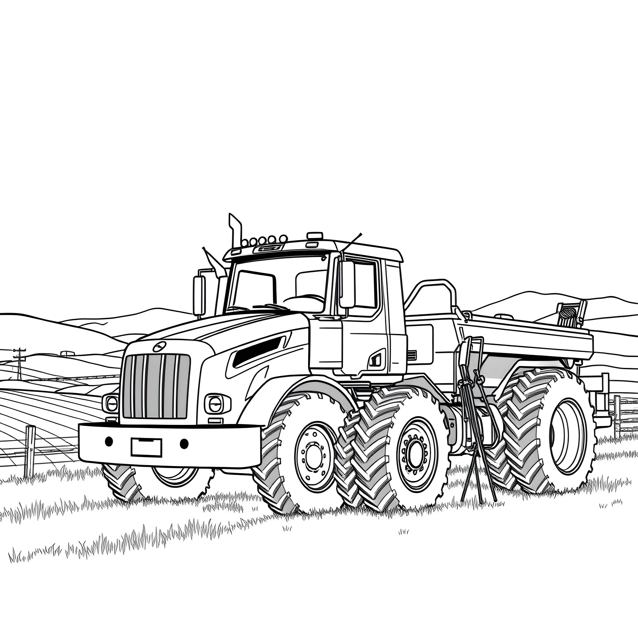Truck working in the field Coloring Page (free black-and-white line drawing printable PDF for all, from beginners to advanced learners, including children, teens, adults, and seniors)