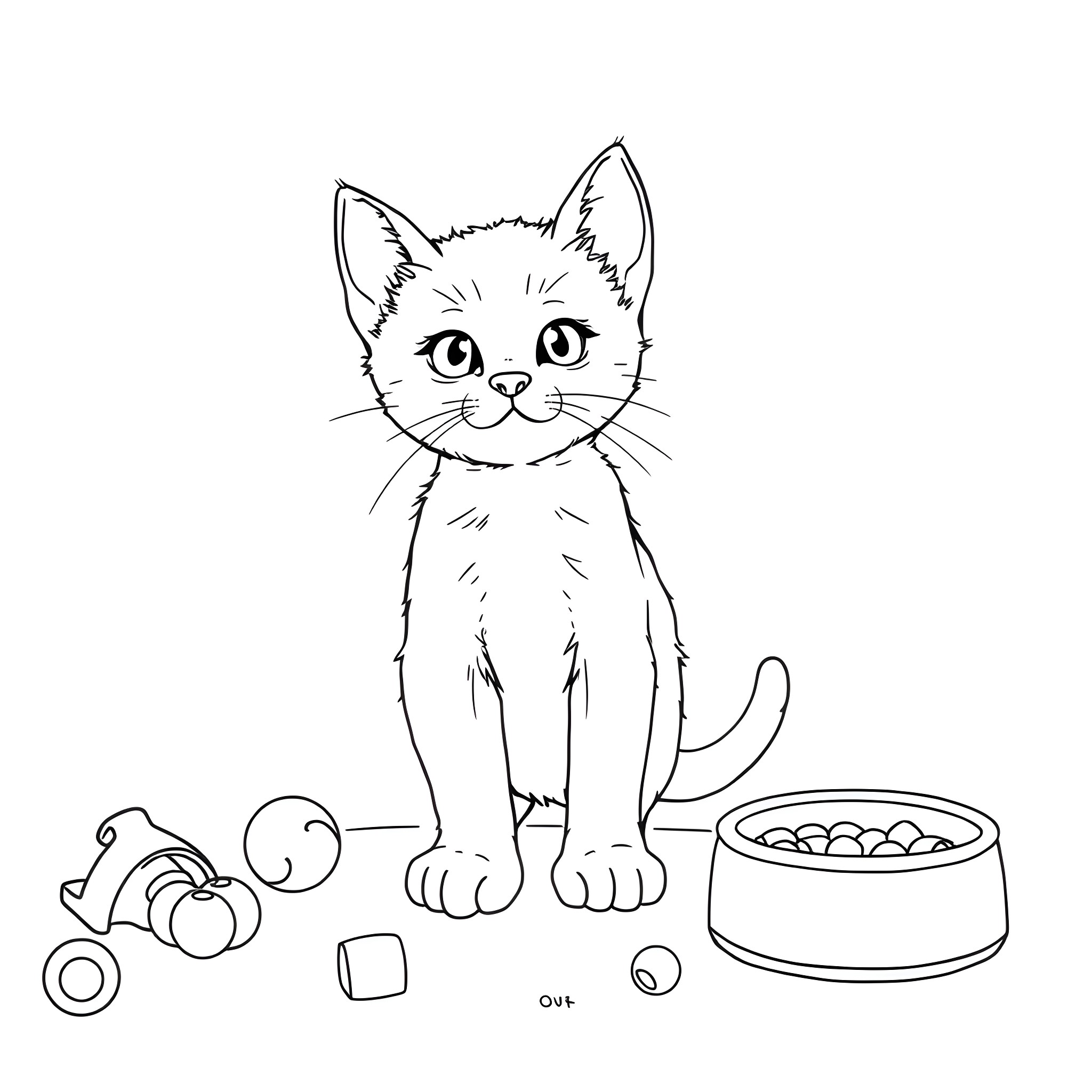 Kitten surrounded by toys and food bowl Coloring Page (free black-and-white line drawing printable PDF for all, from beginners to advanced learners, including children, teens, adults, and seniors)