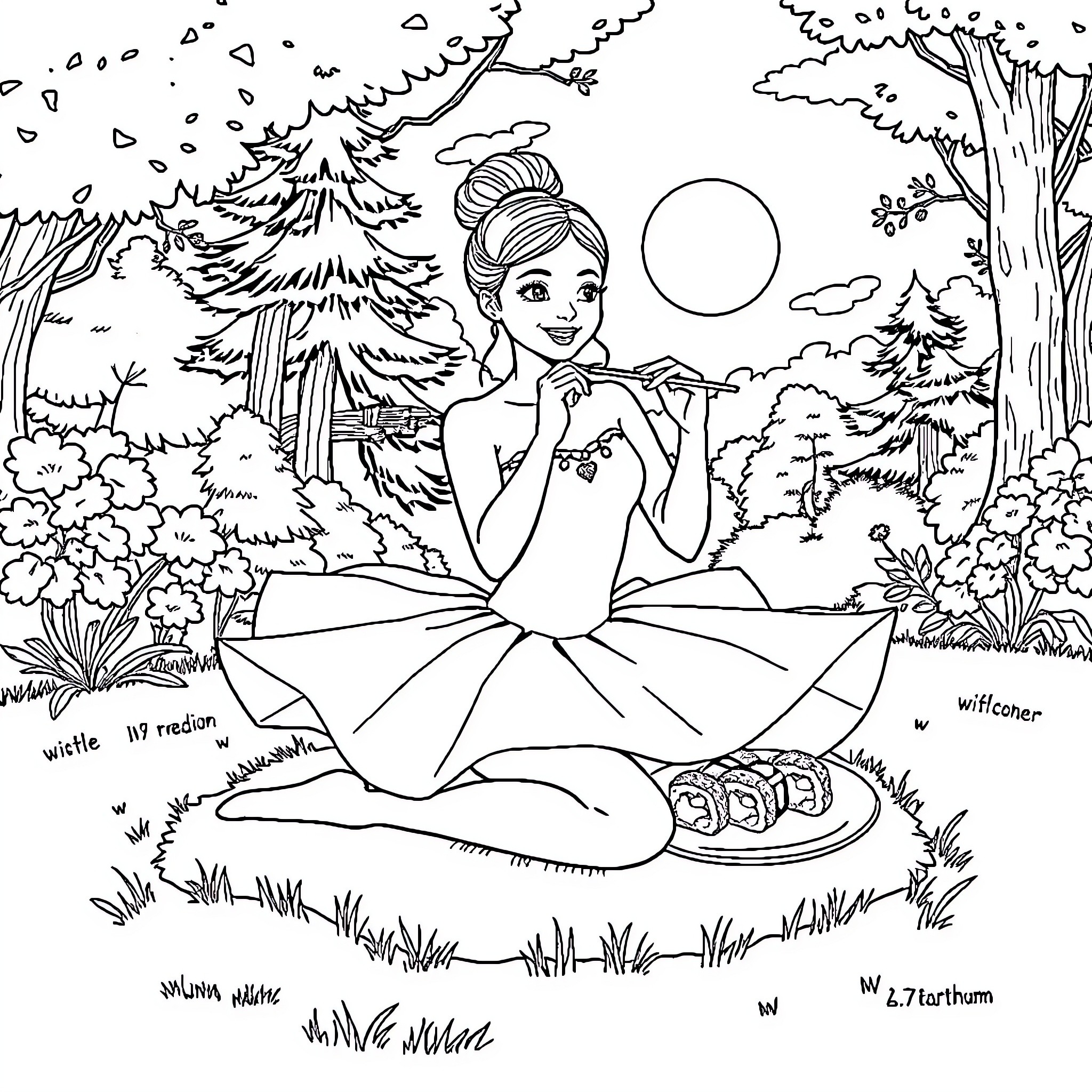 Ballerina Relaxing in the Enchanting Forest Coloring Page (free black-and-white line drawing printable PDF for all, from beginners to advanced learners, including children, teens, adults, and seniors)