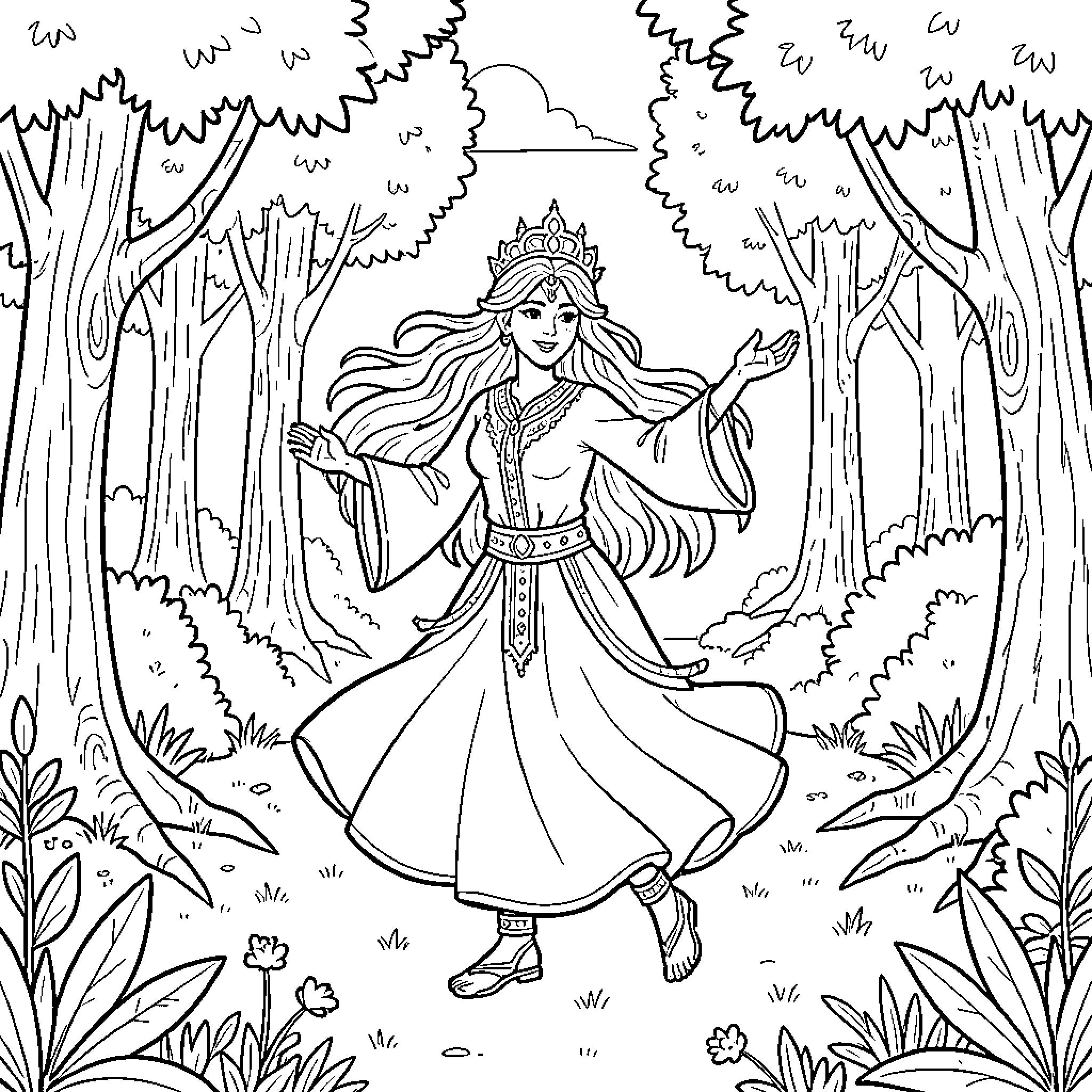 Fairy dancing gracefully in a magical forest Coloring Page (free black-and-white line drawing printable PDF for all, from beginners to advanced learners, including children, teens, adults, and seniors)