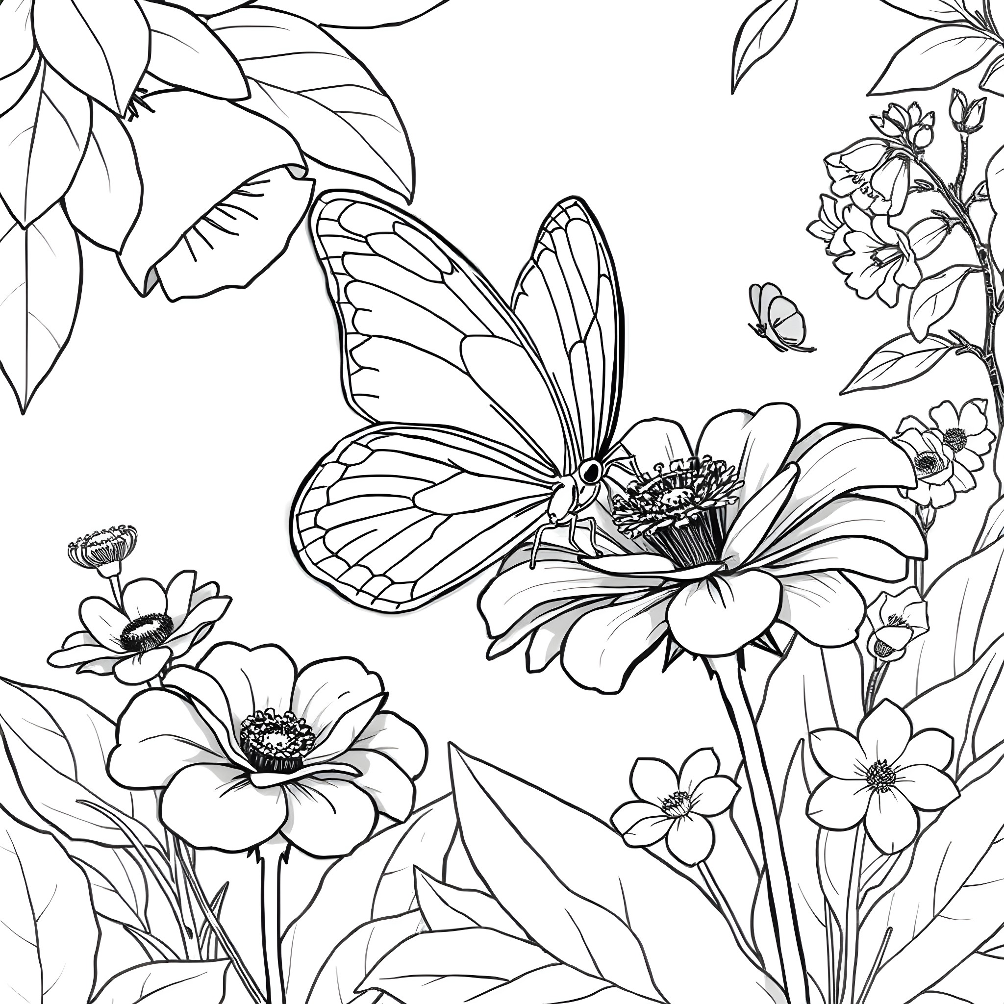 Butterfly dancing amidst the floral garden Coloring Page (free black-and-white line drawing printable PDF for all, from beginners to advanced learners, including children, teens, adults, and seniors)