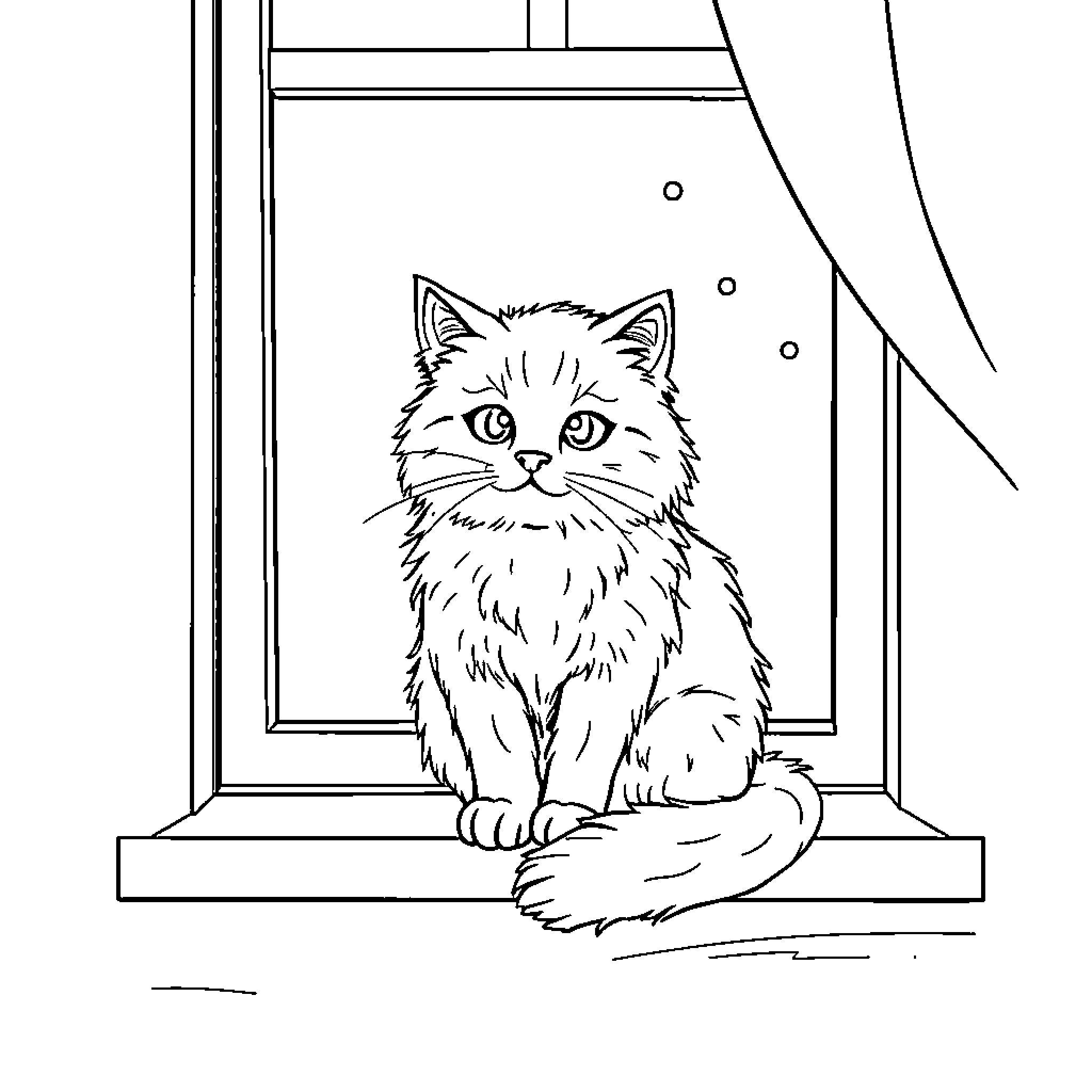 Cat on the Window Sill Coloring Page (free black-and-white line drawing printable PDF for all, from beginners to advanced learners, including children, teens, adults, and seniors)