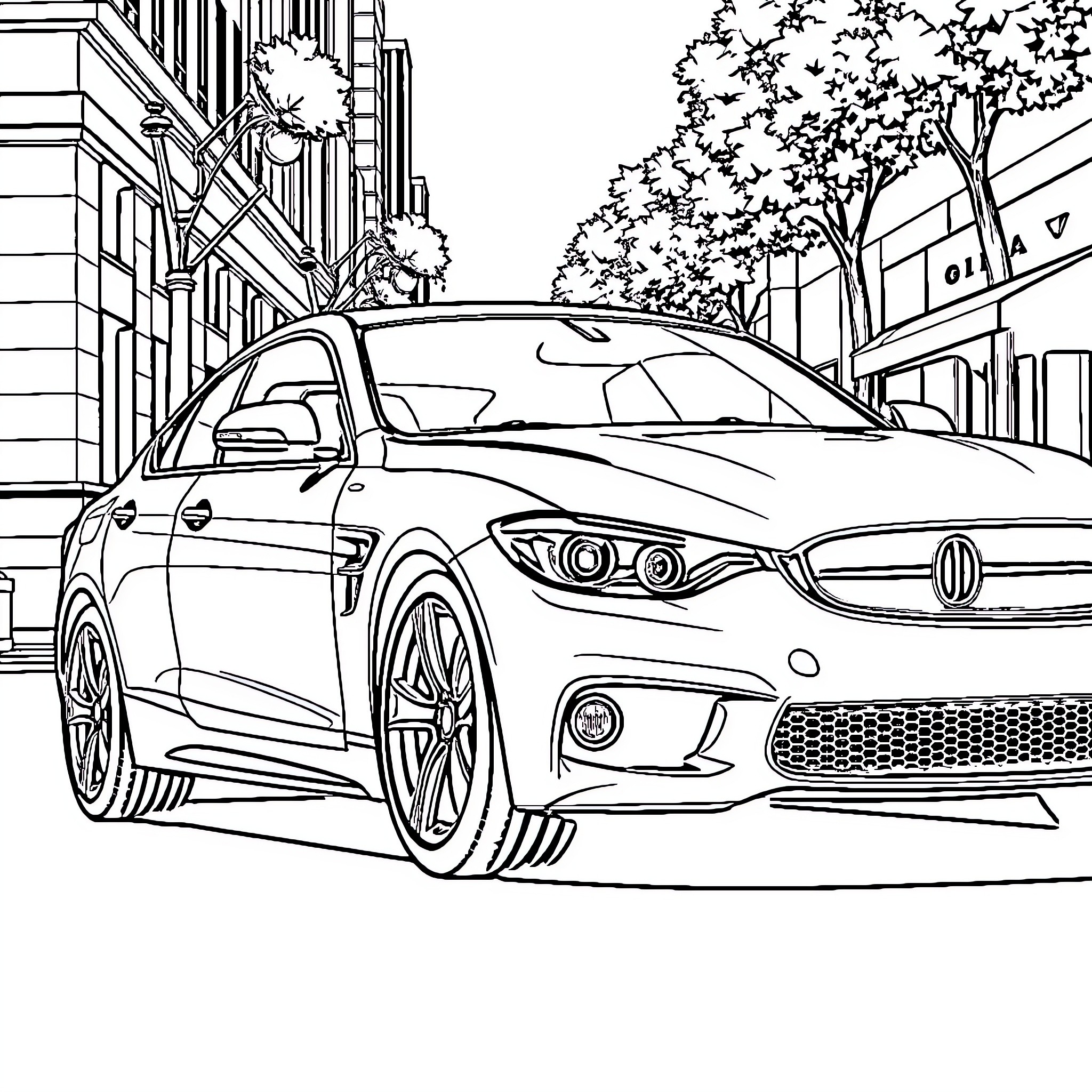 Car driving through city streets Coloring Page (free black-and-white line drawing printable PDF for all, from beginners to advanced learners, including children, teens, adults, and seniors)