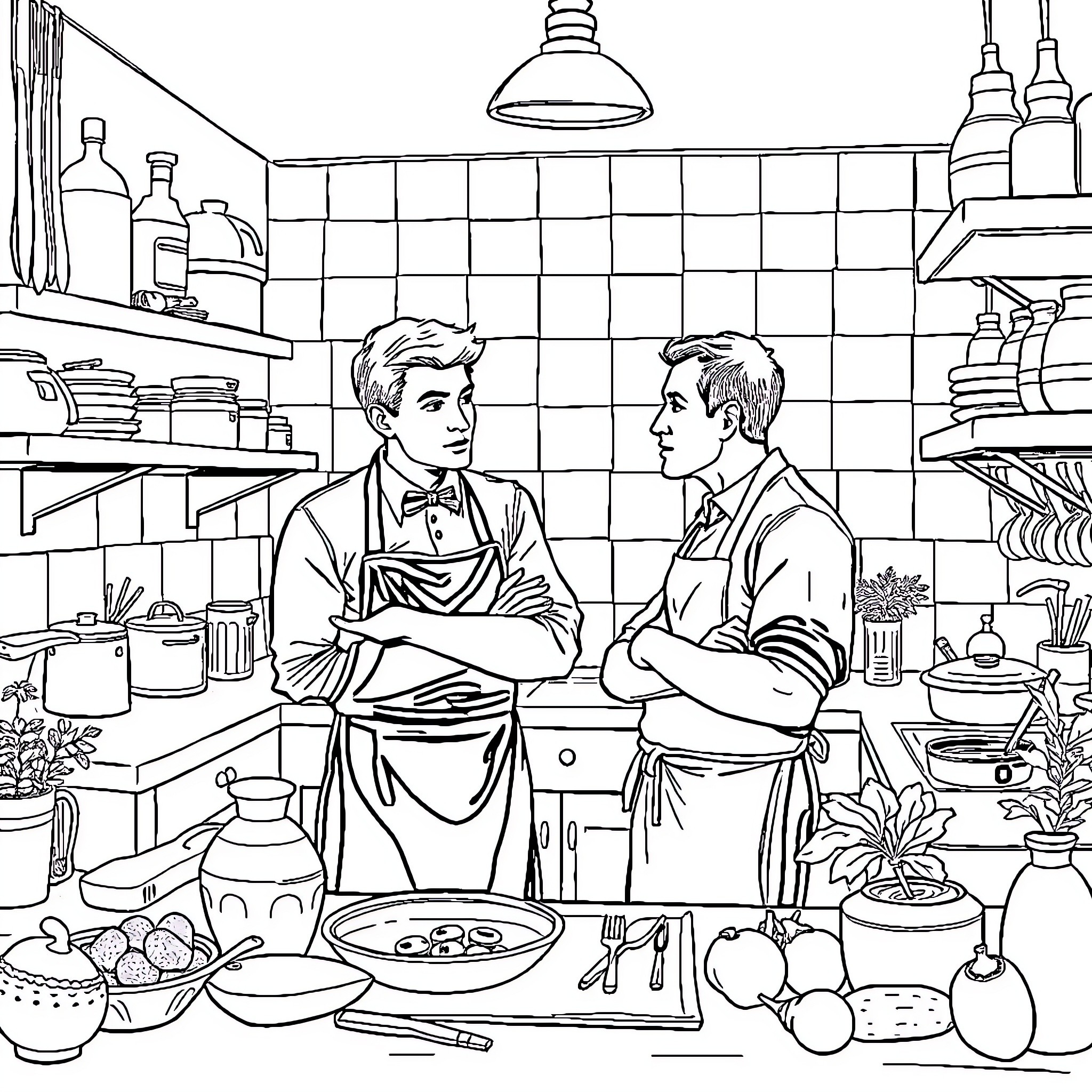 Person working together in a kitchen with another person Coloring Page (free black-and-white line drawing printable PDF for all, from beginners to advanced learners, including children, teens, adults, and seniors)