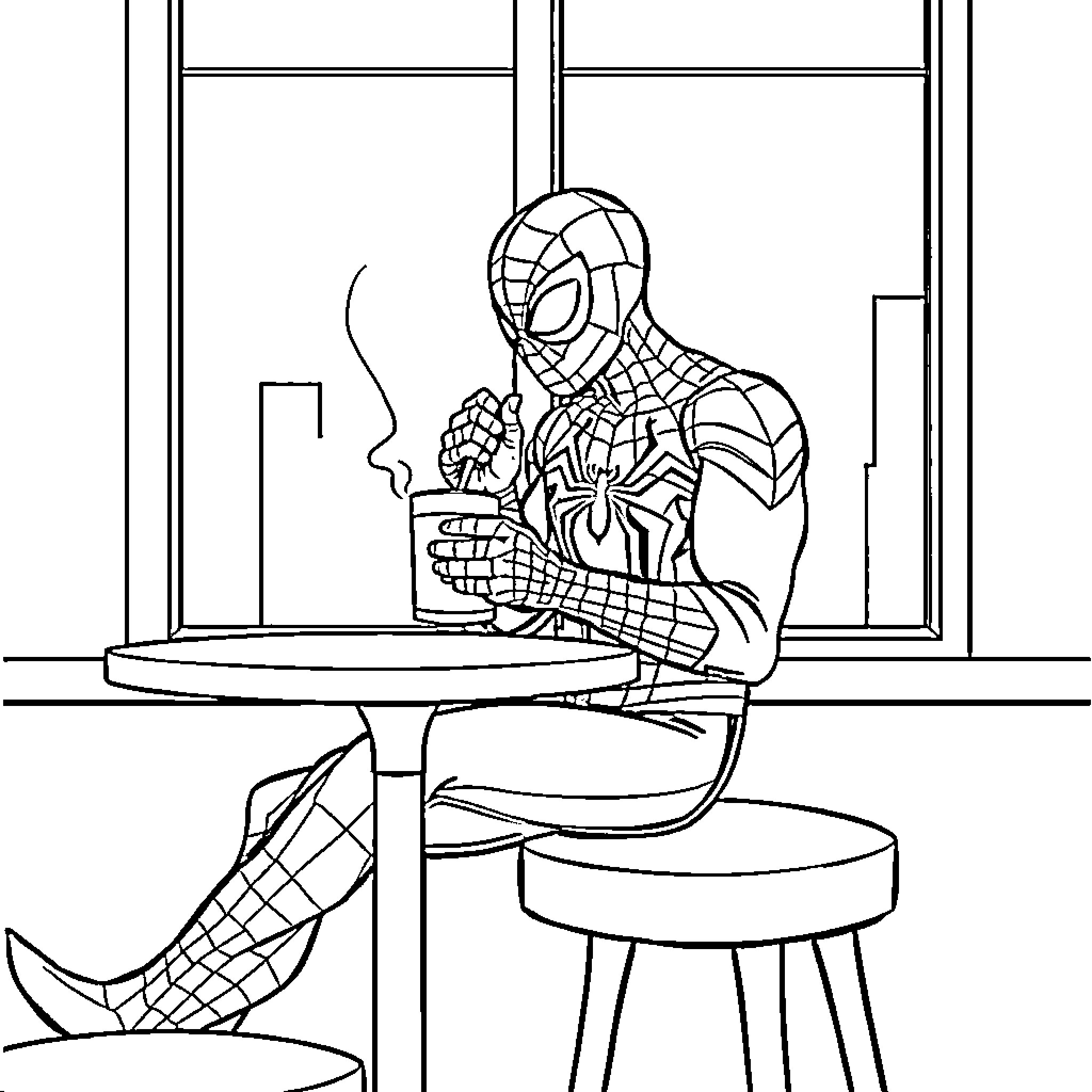 Spiderman contemplating on his next heroic move Coloring Page (free black-and-white line drawing printable PDF for all, from beginners to advanced learners, including children, teens, adults, and seniors)