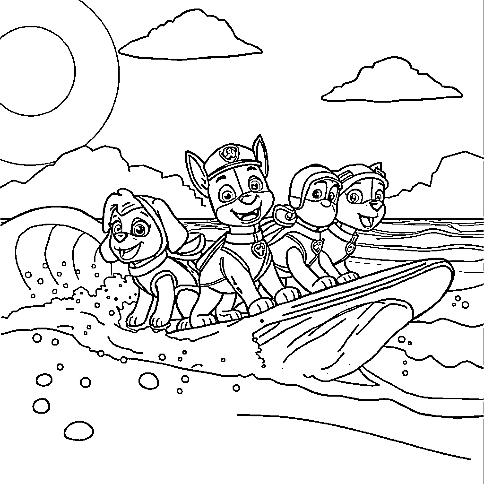Paw Patrol on a Rescue Mission at the Beach Coloring Page (free black-and-white line drawing printable PDF for all, from beginners to advanced learners, including children, teens, adults, and seniors)