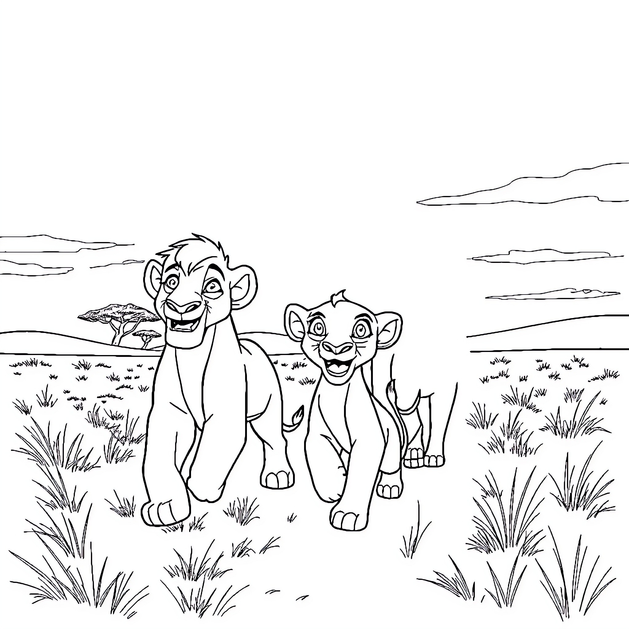 Simba and Nala exploring the African savanna Coloring Page (free black-and-white line drawing printable PDF for all, from beginners to advanced learners, including children, teens, adults, and seniors)