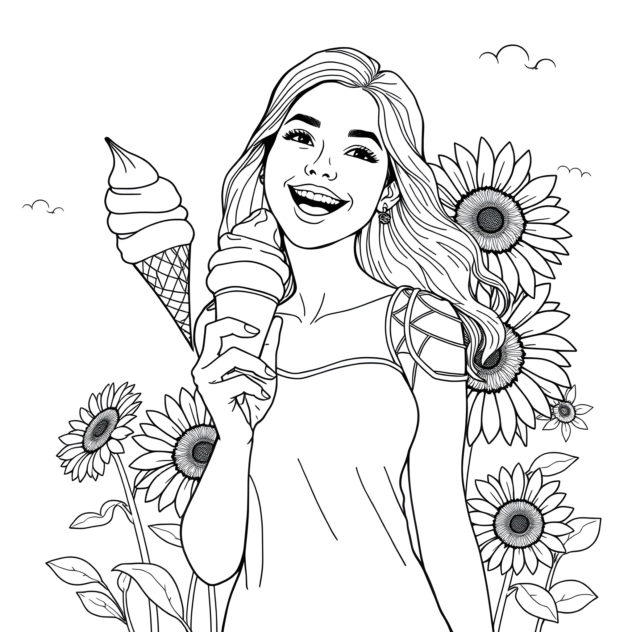 Lady enjoying an ice cream cone surrounded by sunflowers Coloring Page (free black-and-white line drawing printable PDF for all, from beginners to advanced learners, including children, teens, adults, and seniors)