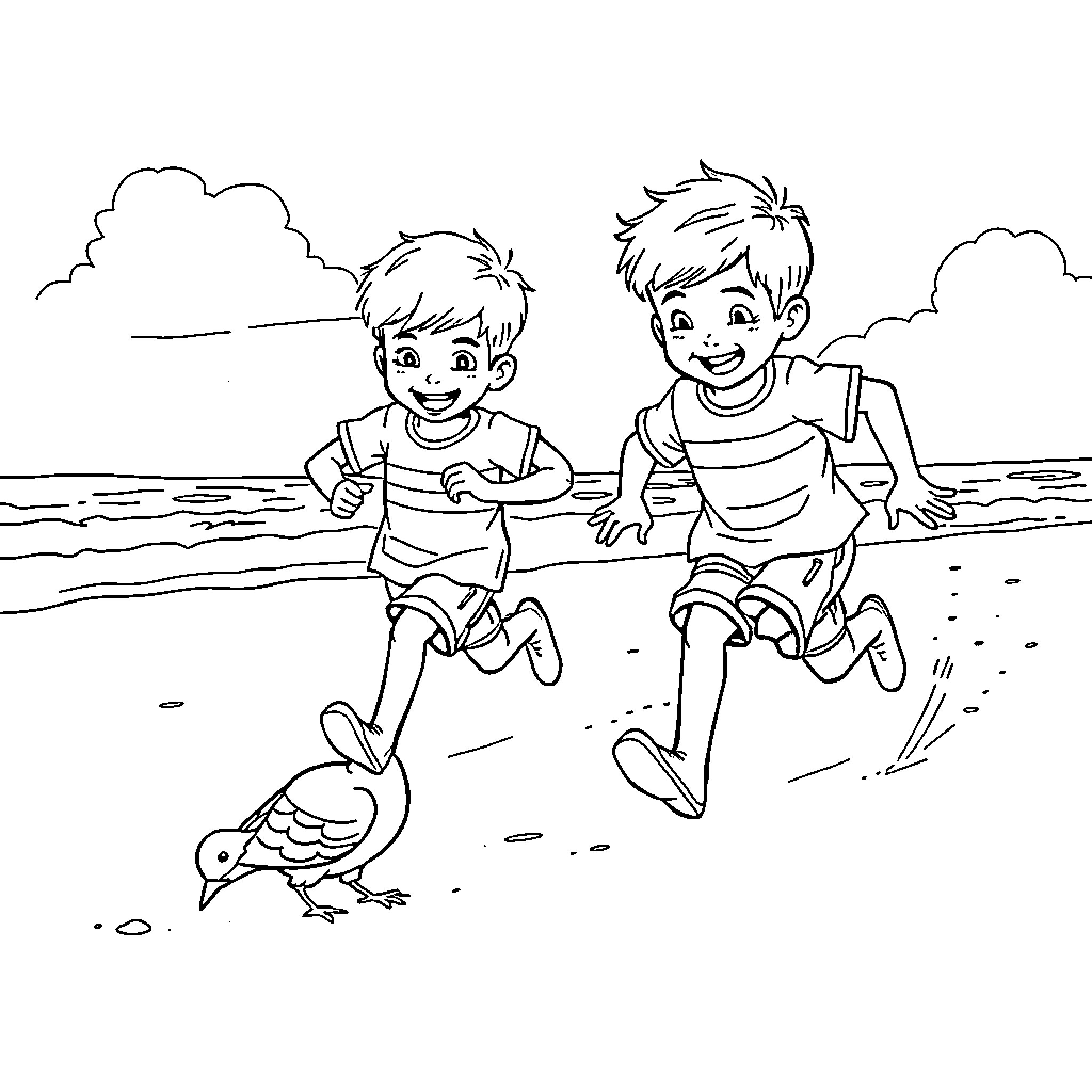 Brothers playing happily at the beach Coloring Page (free black-and-white line drawing printable PDF for all, from beginners to advanced learners, including children, teens, adults, and seniors)