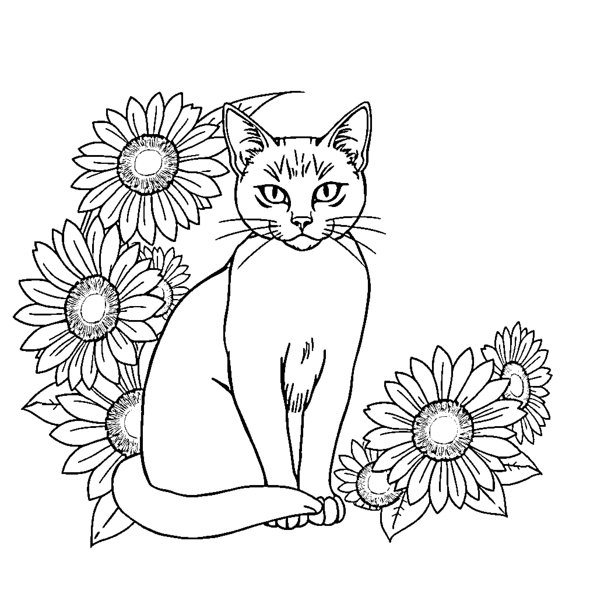 Cat sitting amidst sunflowers Coloring Page (free black-and-white line drawing printable PDF for all, from beginners to advanced learners, including children, teens, adults, and seniors)