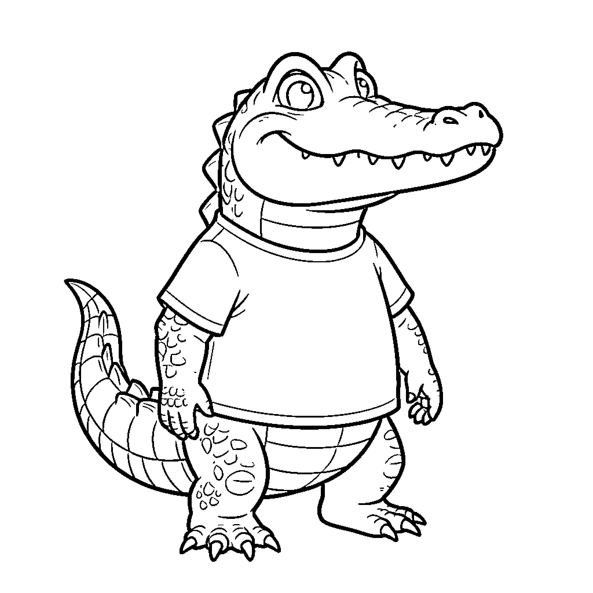Crocodile wearing a t-shirt and smiling happily Coloring Page (free black-and-white line drawing printable PDF for all, from beginners to advanced learners, including children, teens, adults, and seniors)
