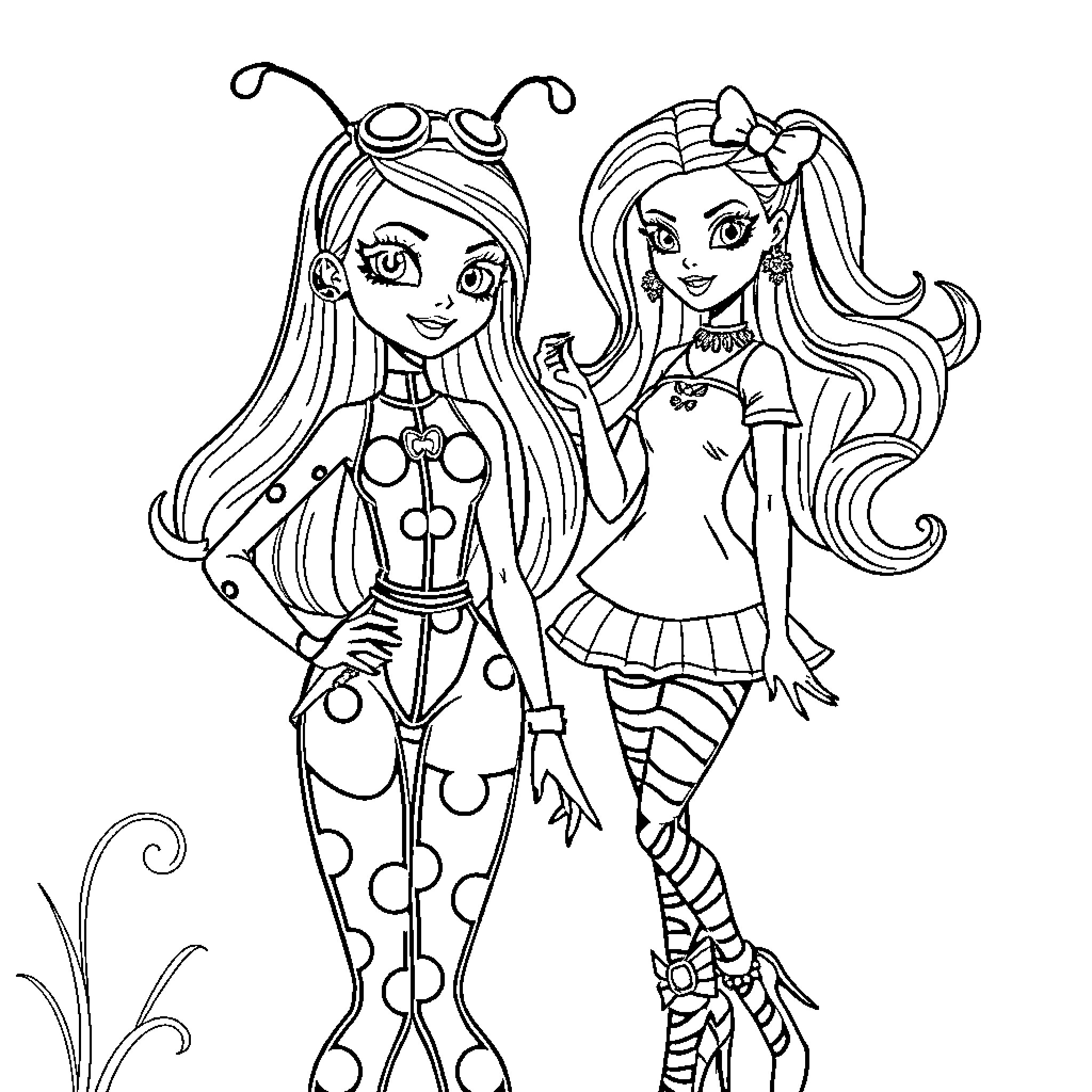 Ladybug-inspired girls in whimsical outfits Coloring Page (free black-and-white line drawing printable PDF for all, from beginners to advanced learners, including children, teens, adults, and seniors)