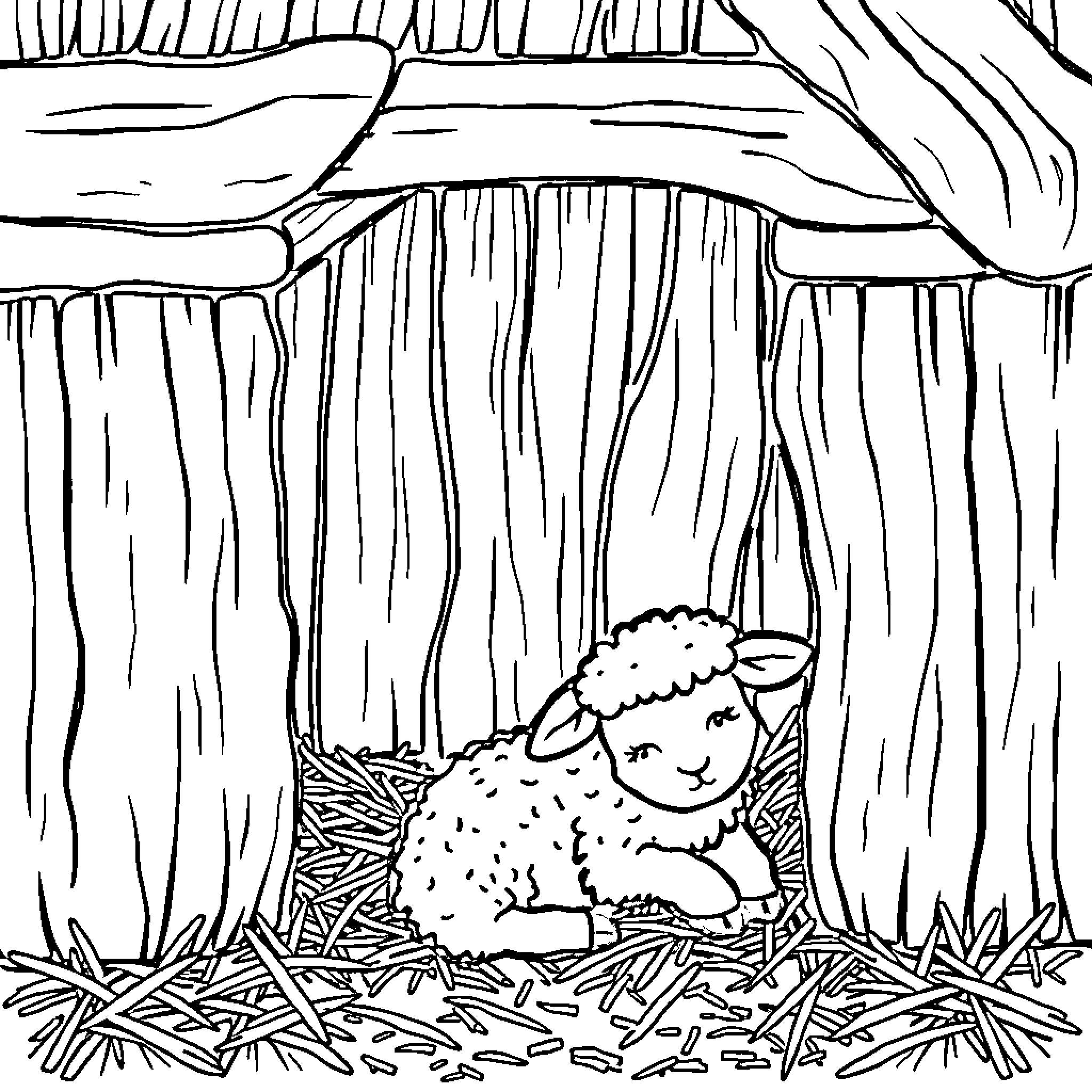 Sheep resting peacefully in the nest Coloring Page (free black-and-white line drawing printable PDF for all, from beginners to advanced learners, including children, teens, adults, and seniors)