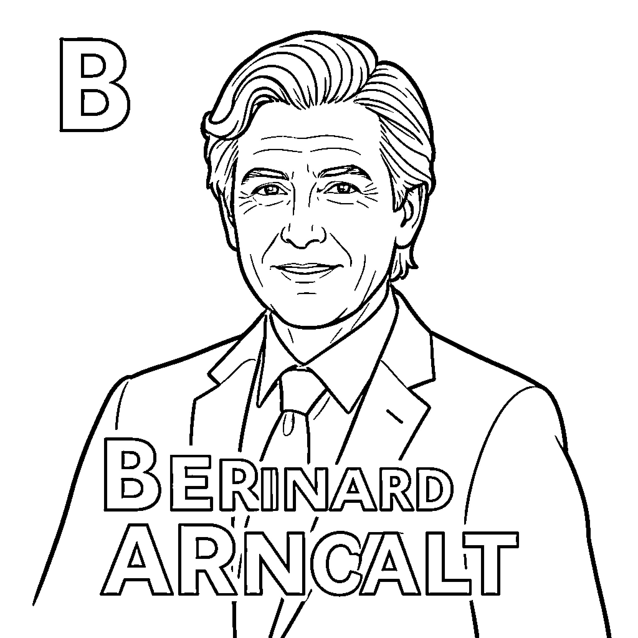 Berinard Arncalt smiling in a formal suit Coloring Page (free black-and-white line drawing printable PDF for all, from beginners to advanced learners, including children, teens, adults, and seniors)