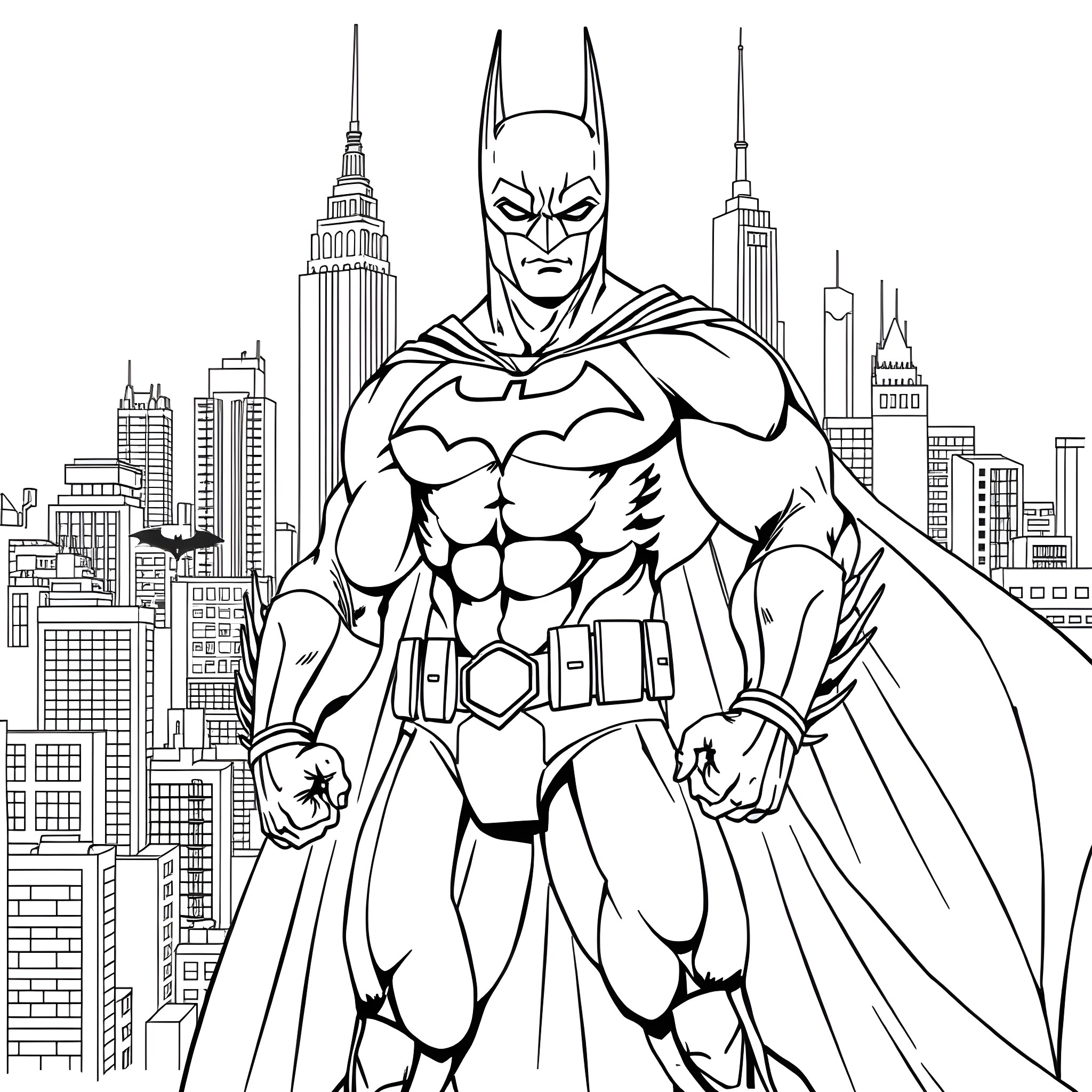 Batman Heroically Stands Tall in the City Skyline Coloring Page (free black-and-white line drawing printable PDF for all, from beginners to advanced learners, including children, teens, adults, and seniors)