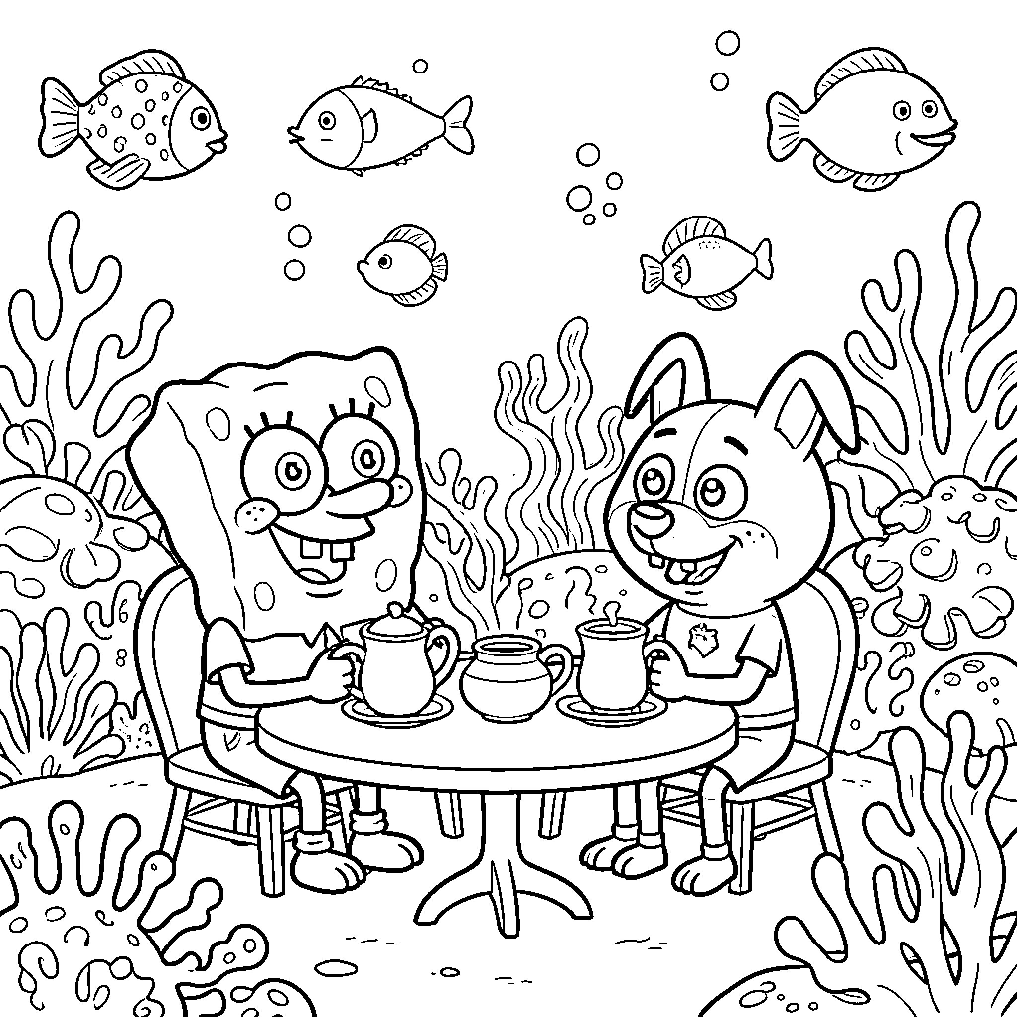 Bob esponja and friends having a tea party underwater Coloring Page (free black-and-white line drawing printable PDF for all, from beginners to advanced learners, including children, teens, adults, and seniors)