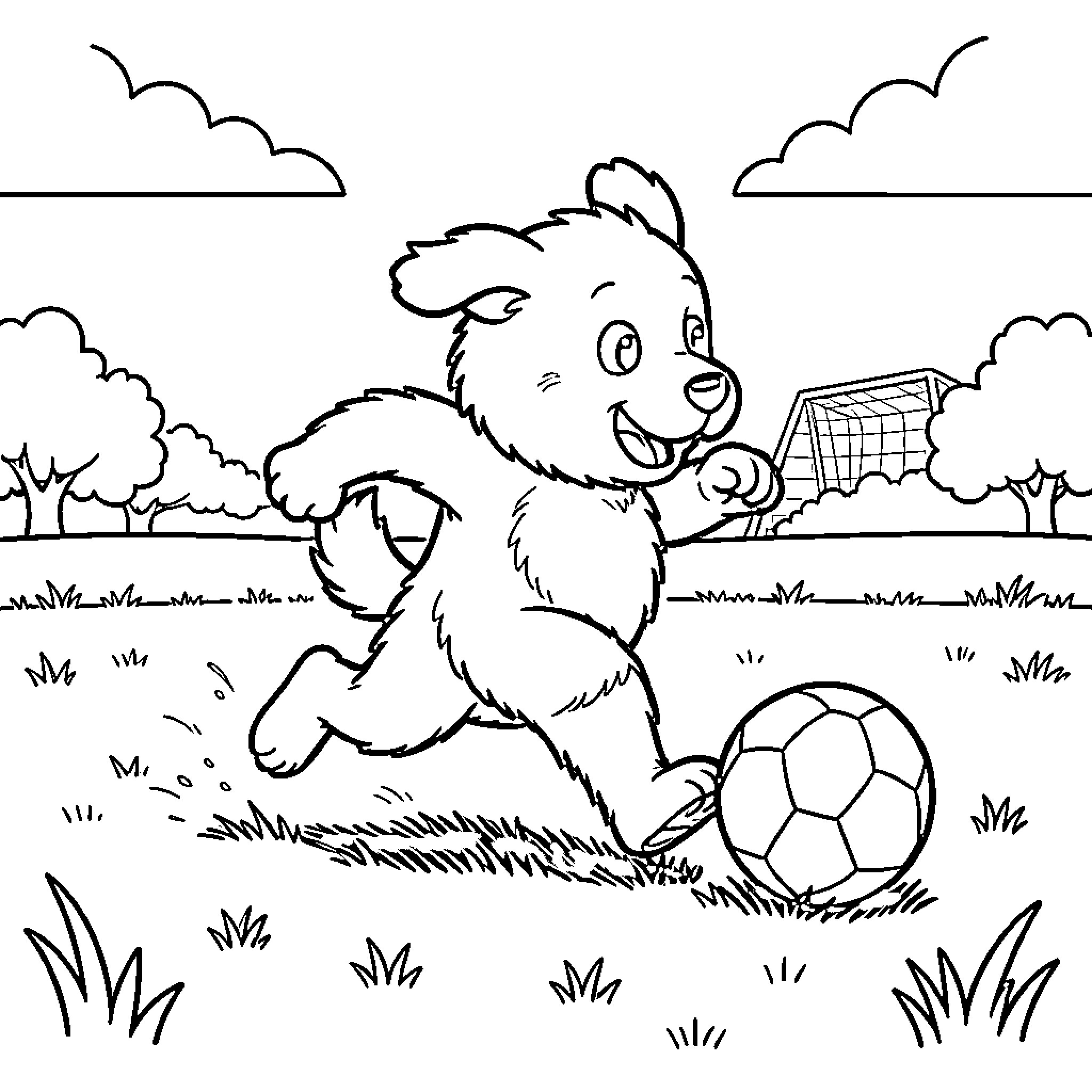 Ruffy running joyfully while playing with a soccer ball Coloring Page (free black-and-white line drawing printable PDF for all, from beginners to advanced learners, including children, teens, adults, and seniors)