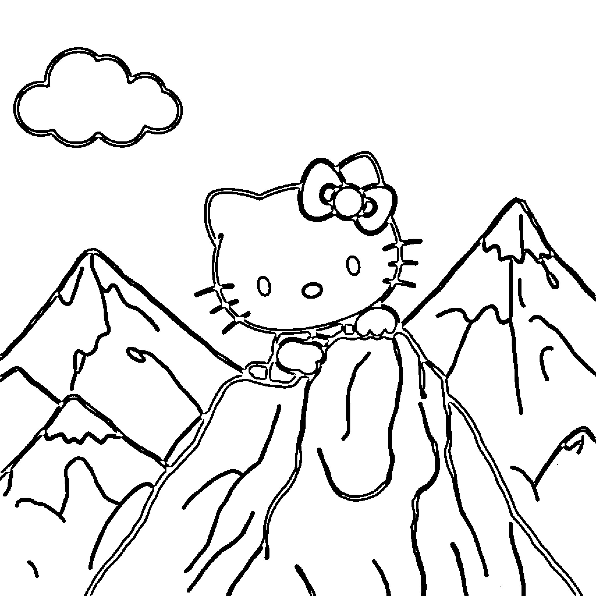 Hello Kitty exploring mountain landscape Coloring Page (free black-and-white line drawing printable PDF for all, from beginners to advanced learners, including children, teens, adults, and seniors)