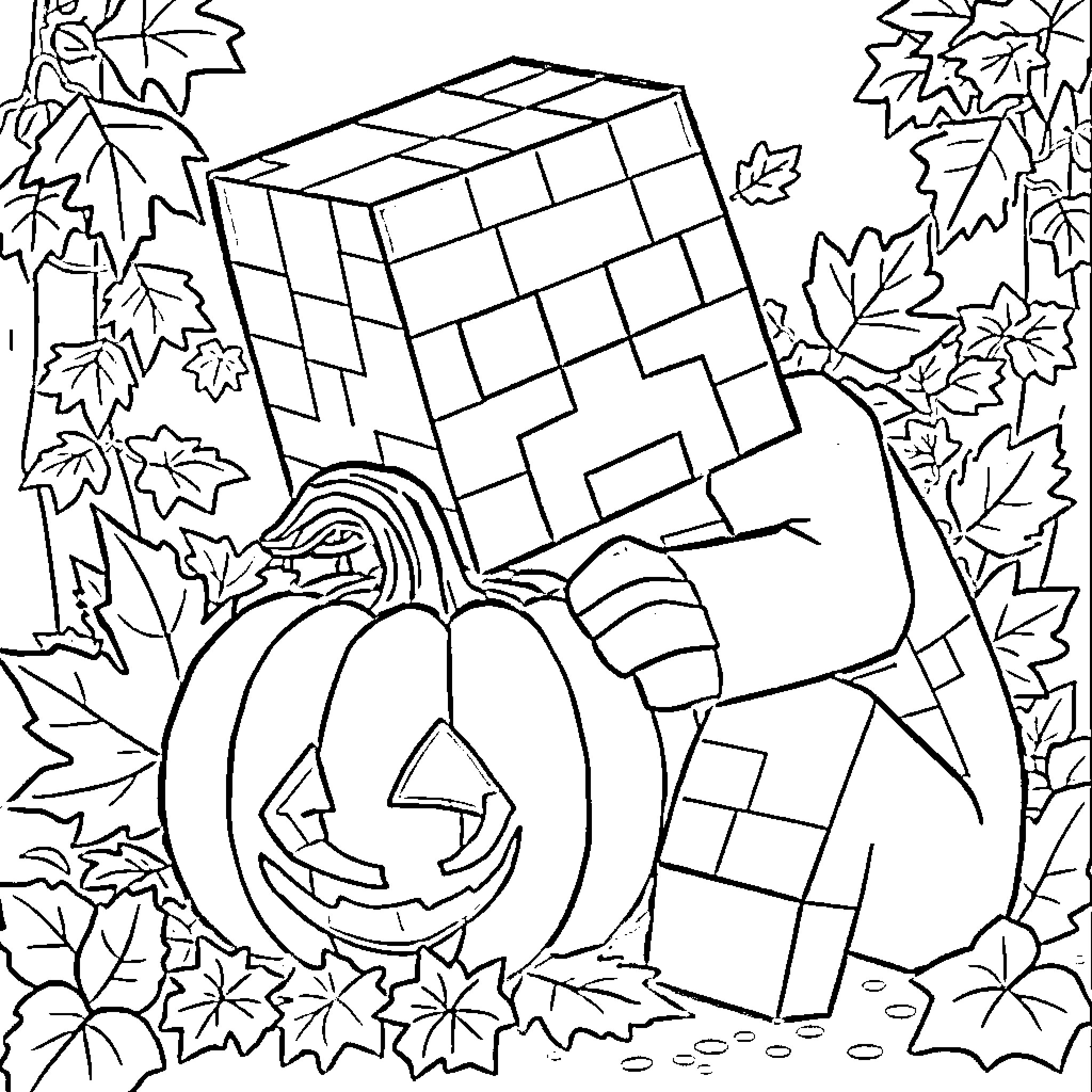 Creeper in the Autumn Leaves Coloring Page (free black-and-white line drawing printable PDF for all, from beginners to advanced learners, including children, teens, adults, and seniors)