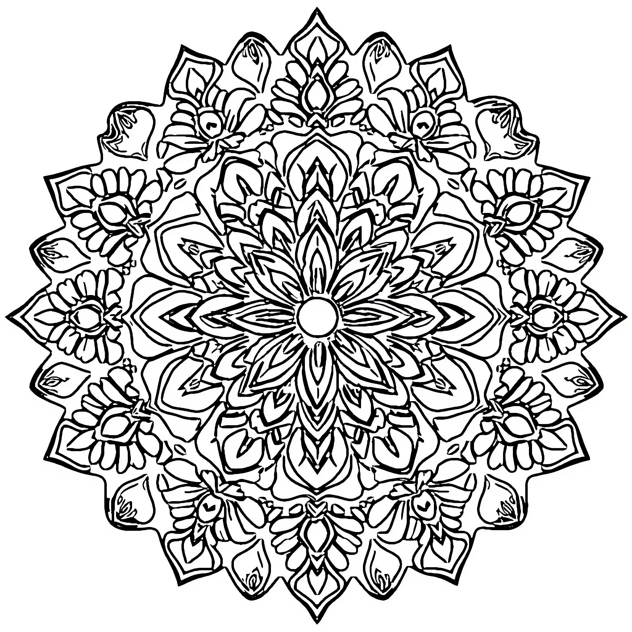 Mandala of intricate floral patterns Coloring Page (free black-and-white line drawing printable PDF for all, from beginners to advanced learners, including children, teens, adults, and seniors)