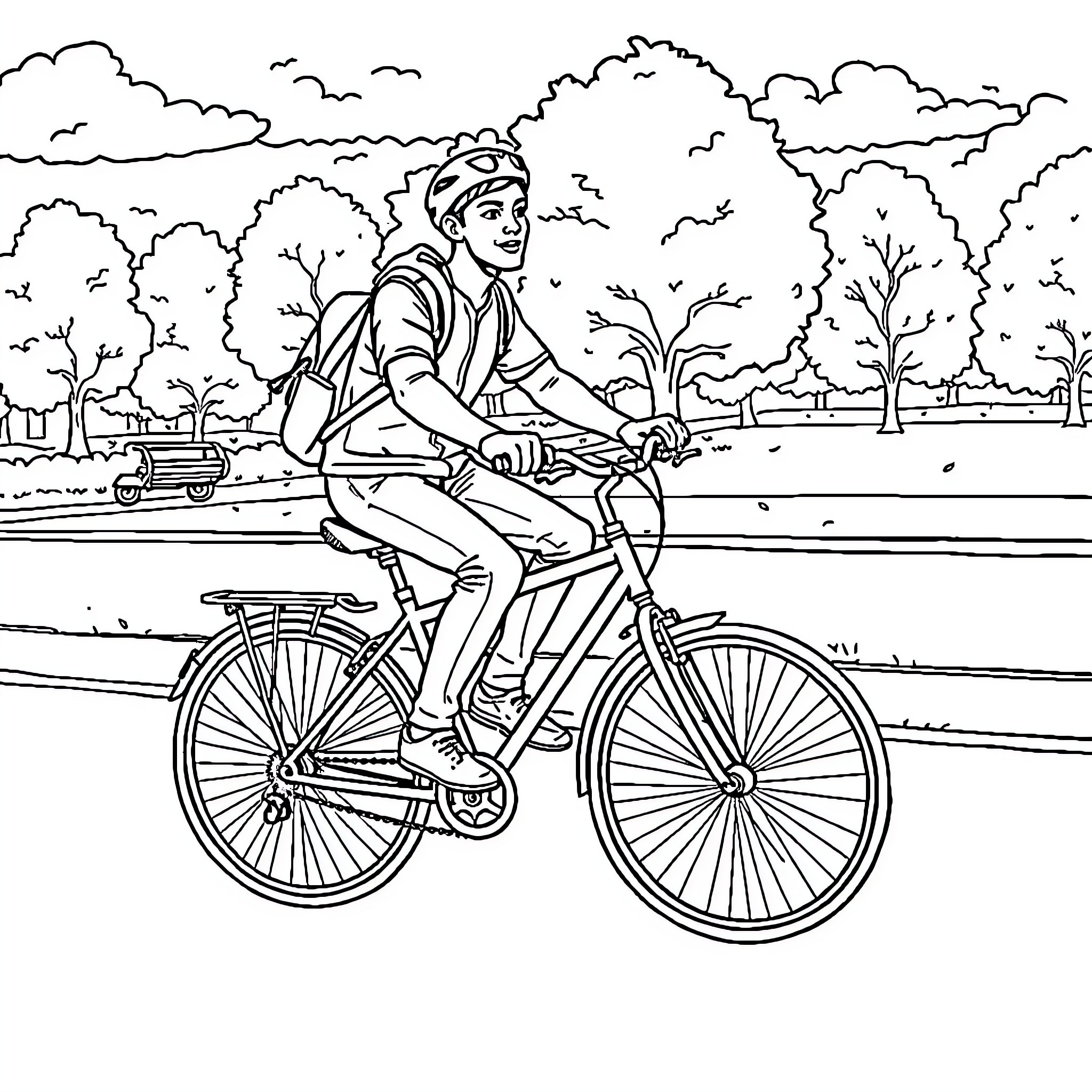Badman enjoying a leisurely bicycle ride through the park Coloring Page (free black-and-white line drawing printable PDF for all, from beginners to advanced learners, including children, teens, adults, and seniors)