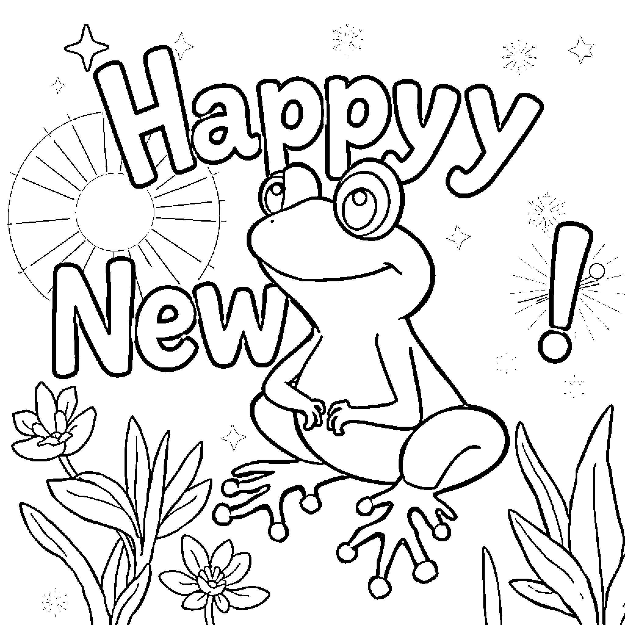 Frog celebrating Happy New Year with flowers Coloring Page (free black-and-white line drawing printable PDF for all, from beginners to advanced learners, including children, teens, adults, and seniors)