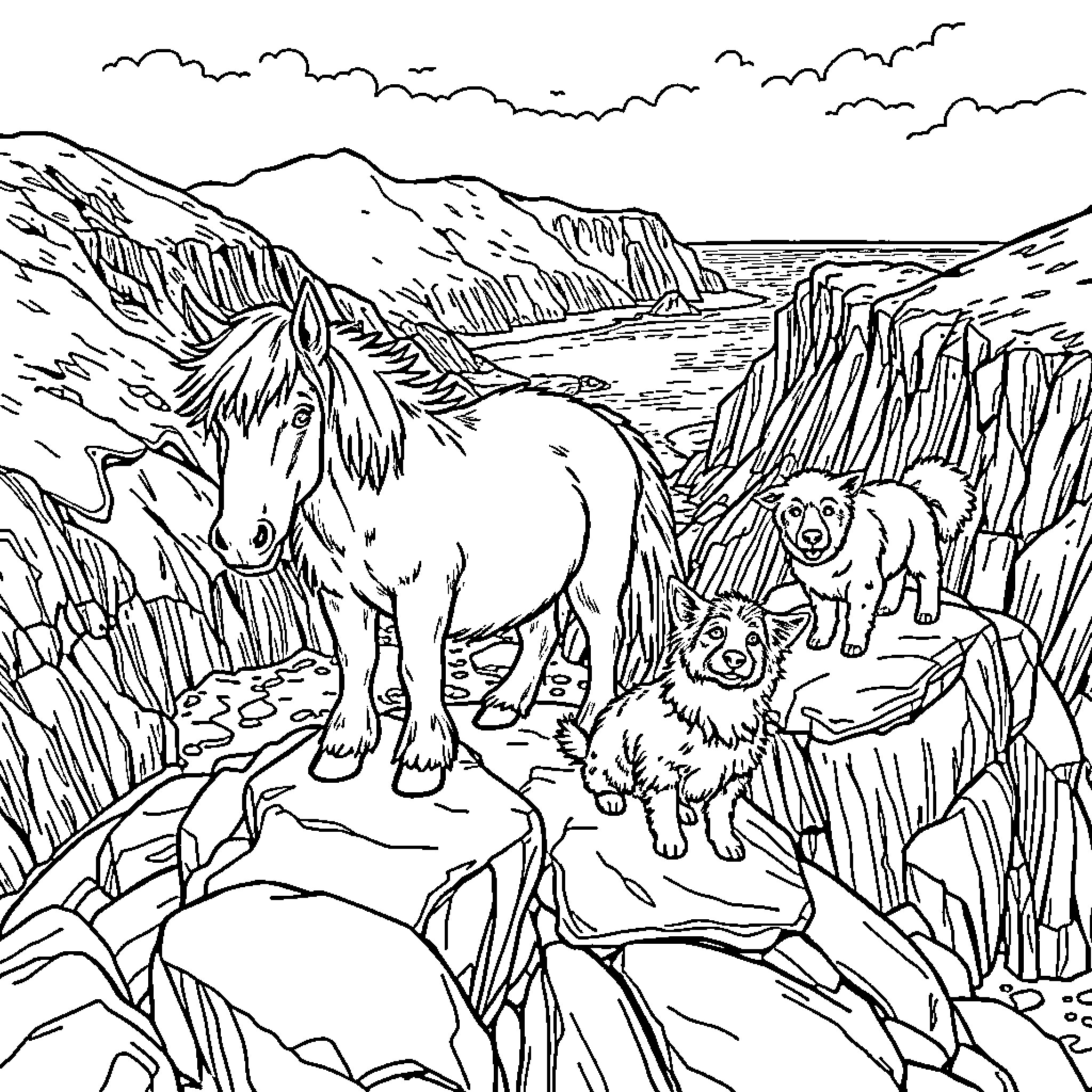 Shetland Pony with Herding Dogs in Dramatic Landscape Coloring Page (free black-and-white line drawing printable PDF for all, from beginners to advanced learners, including children, teens, adults, and seniors)